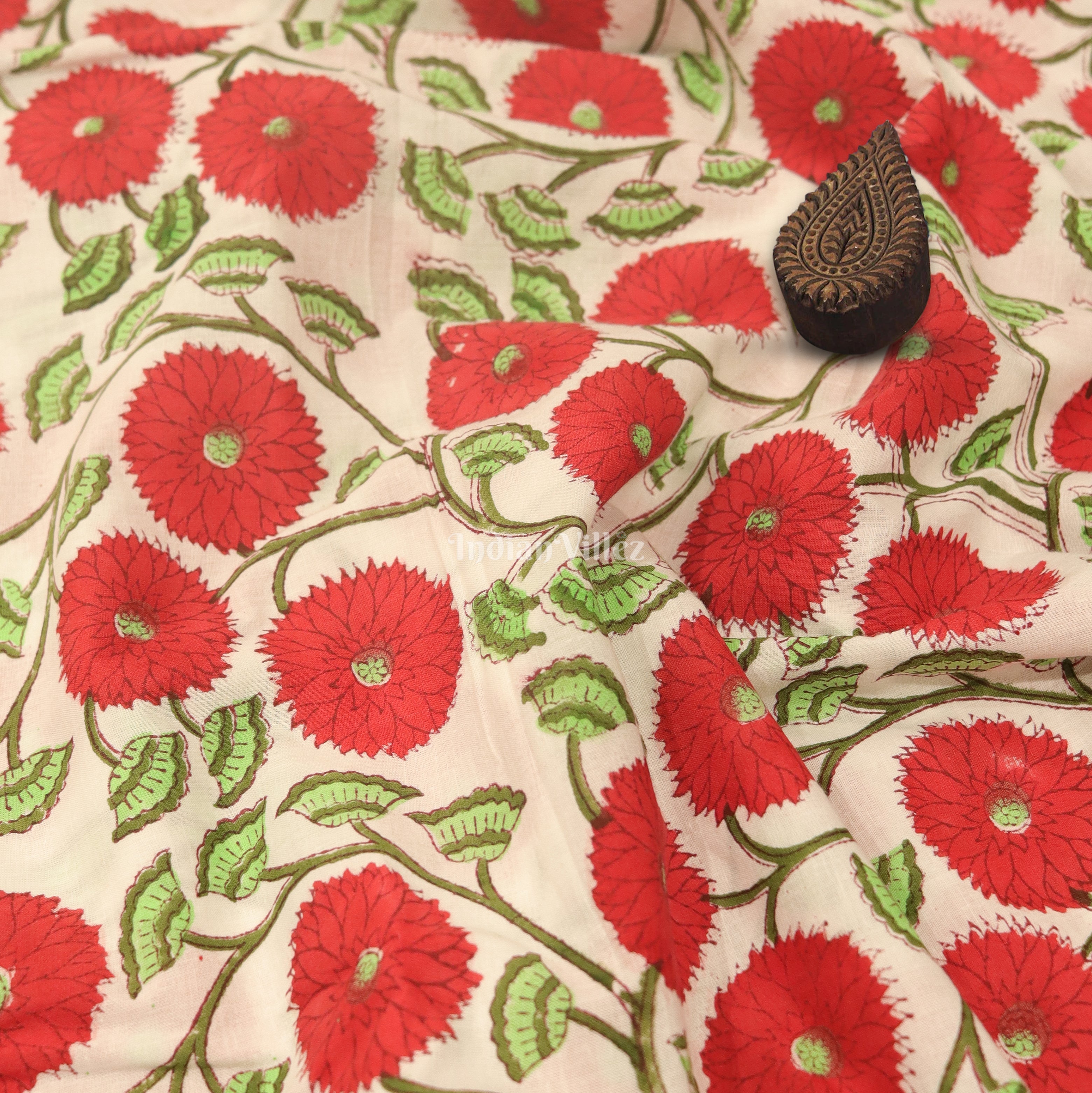 IndianVillèz Red White Flower Motif Hand Block Printed Cotton Fabric