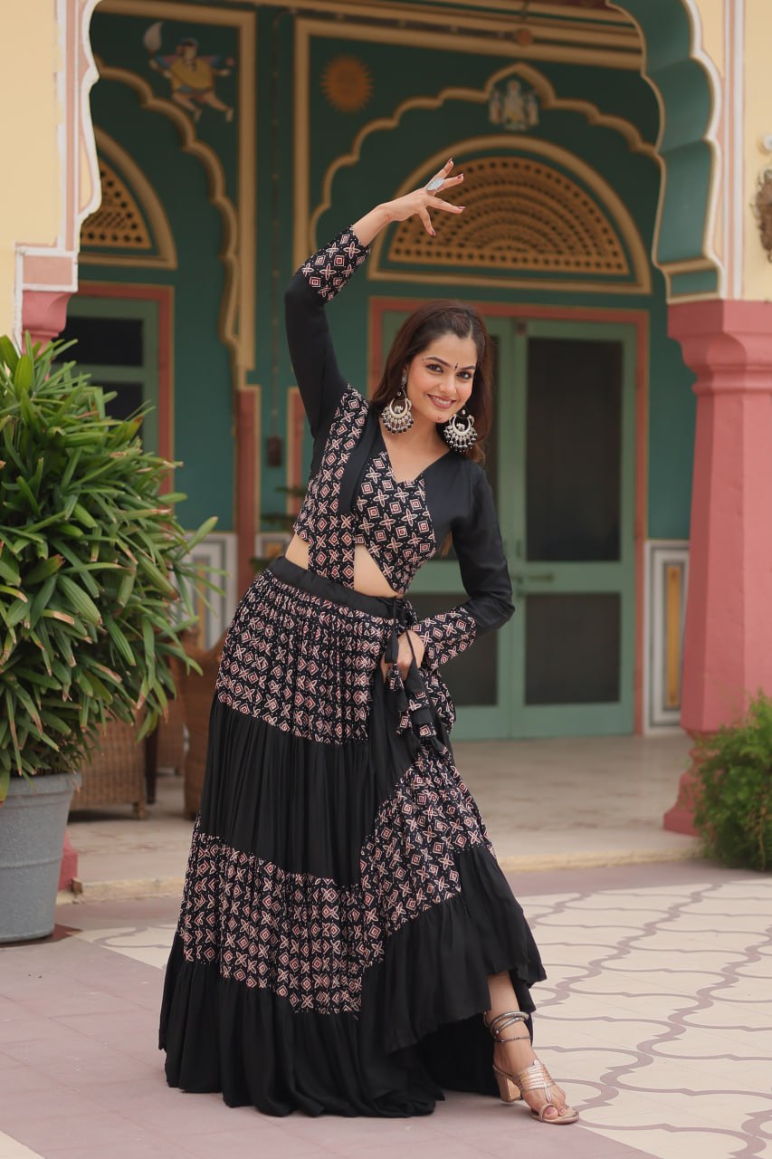ClothsVilla Black Printed Rayon Lehenga Choli Set with 4-Layer Frill Stitch