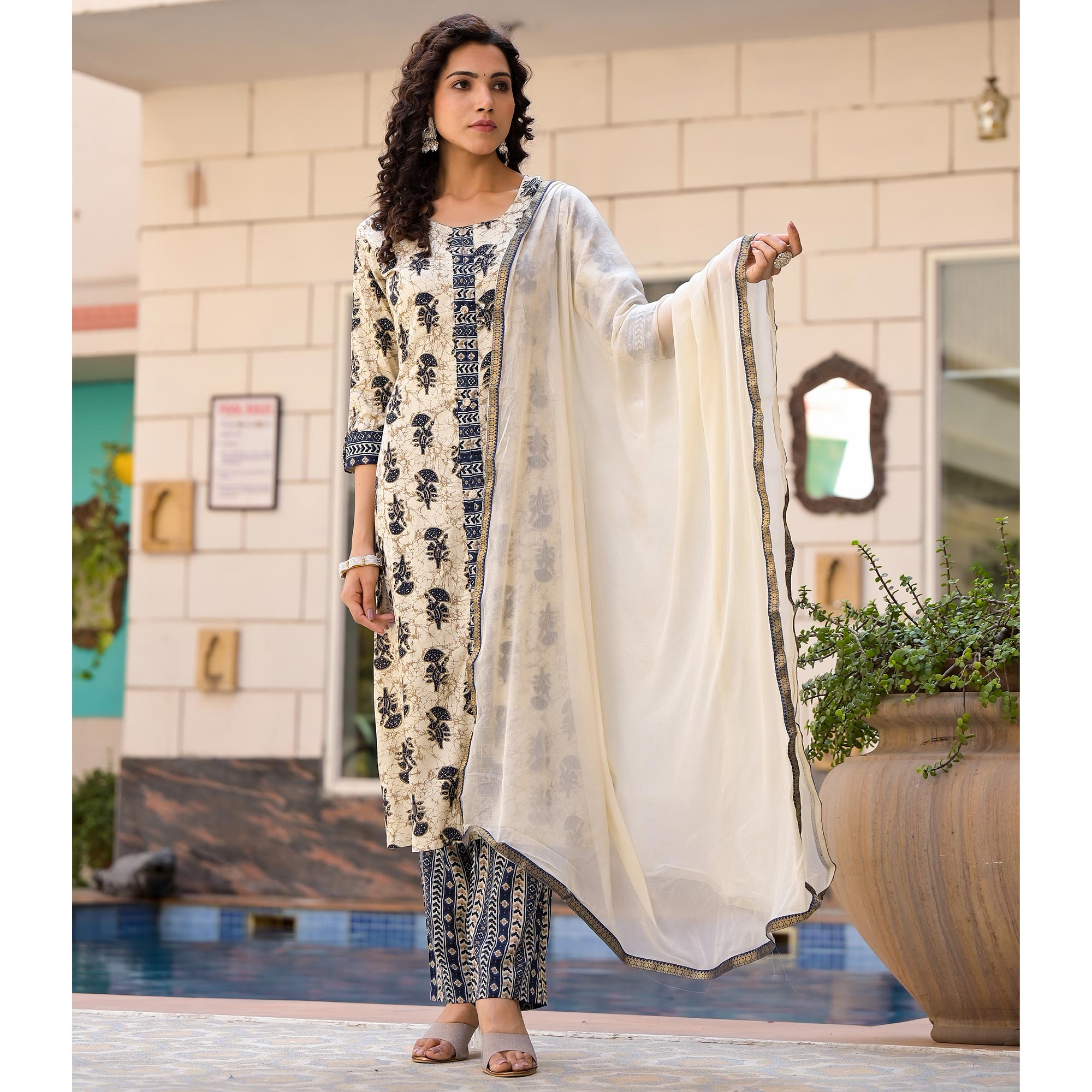 Peachmode Chikoo & Navy Blue Floral Foil Printed Rayon A-Line Salwar Suit - view 6