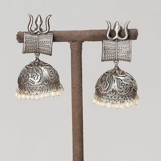 WHITE RIVER STORIES Antique Silver Finish Oxidised Brass Base Jhumki Earrings - view 2