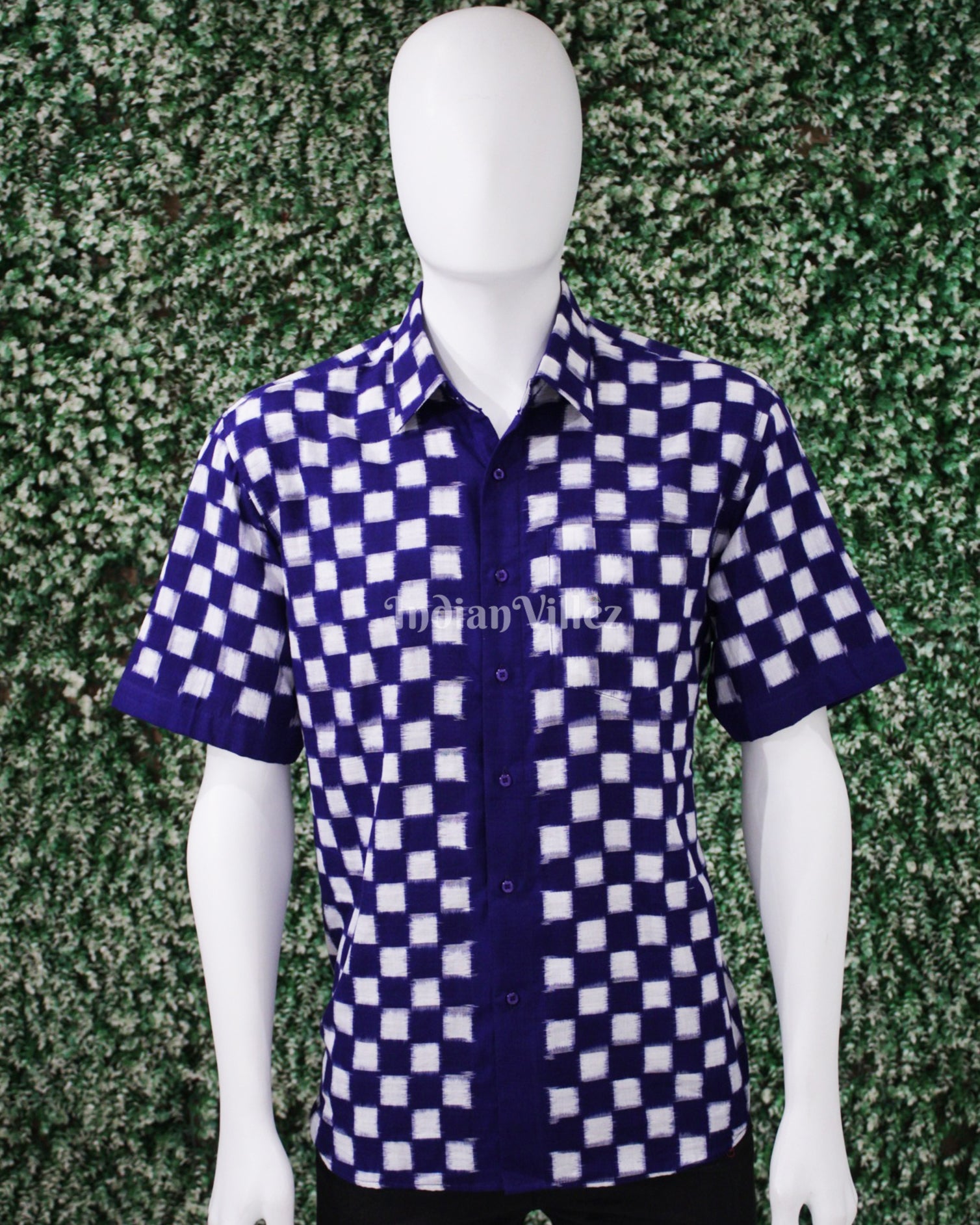 IndianVillèz Blue White Odisha Ikat Cotton Half Sleeve Shirt for Men