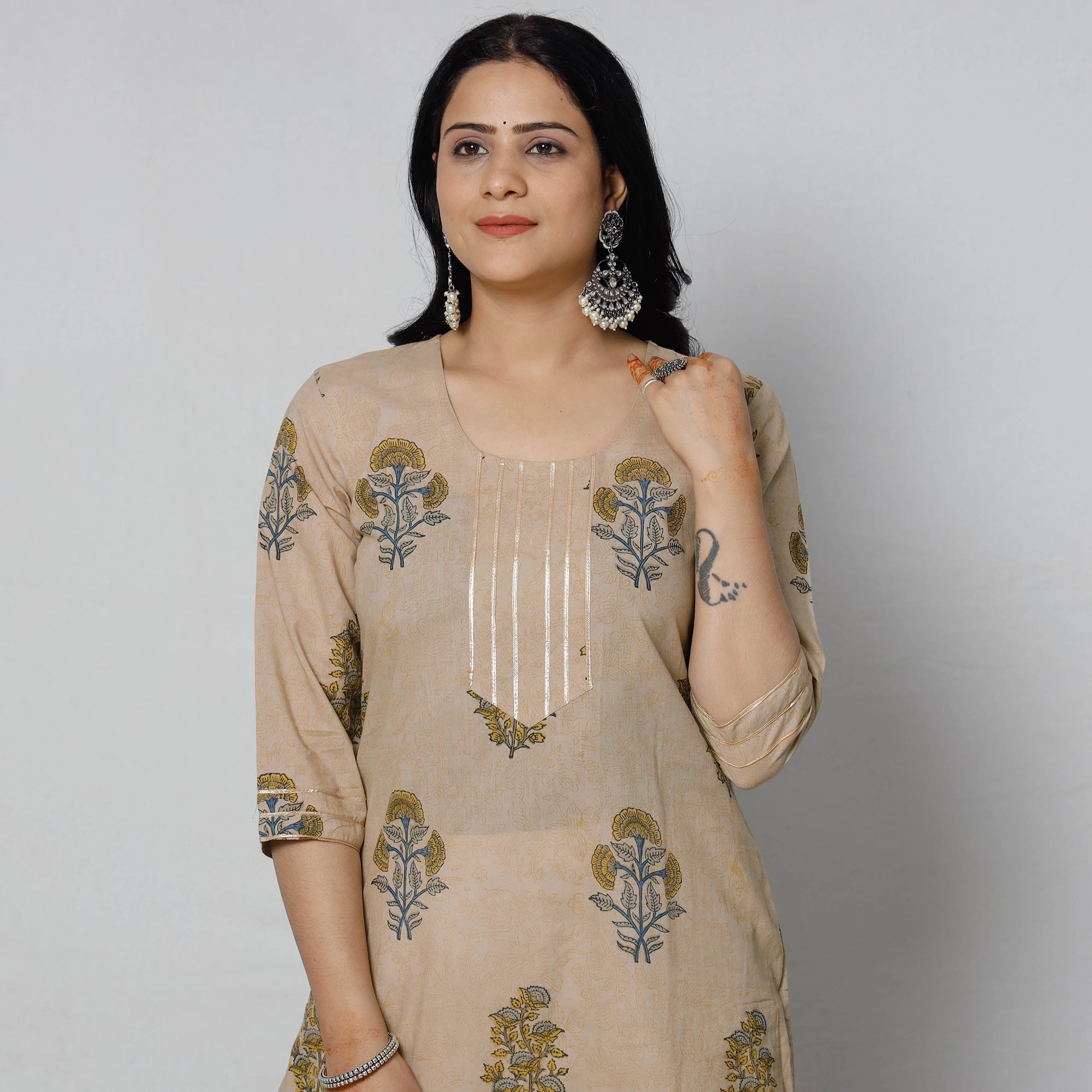 ITOKRI CASUALS Beige - Sanganeri Block Printed Cotton Long Straight Kurta