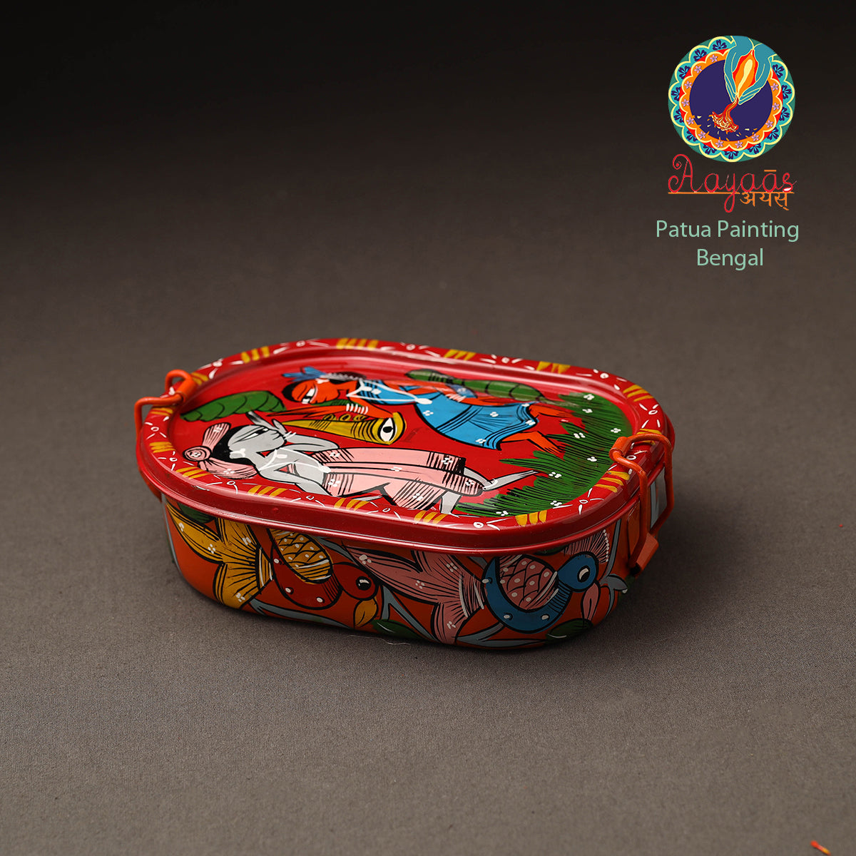 AAYAAS Bengal Patua Handpainted Stainless Steel Rectangle Lunch Box (6 x 4 in)