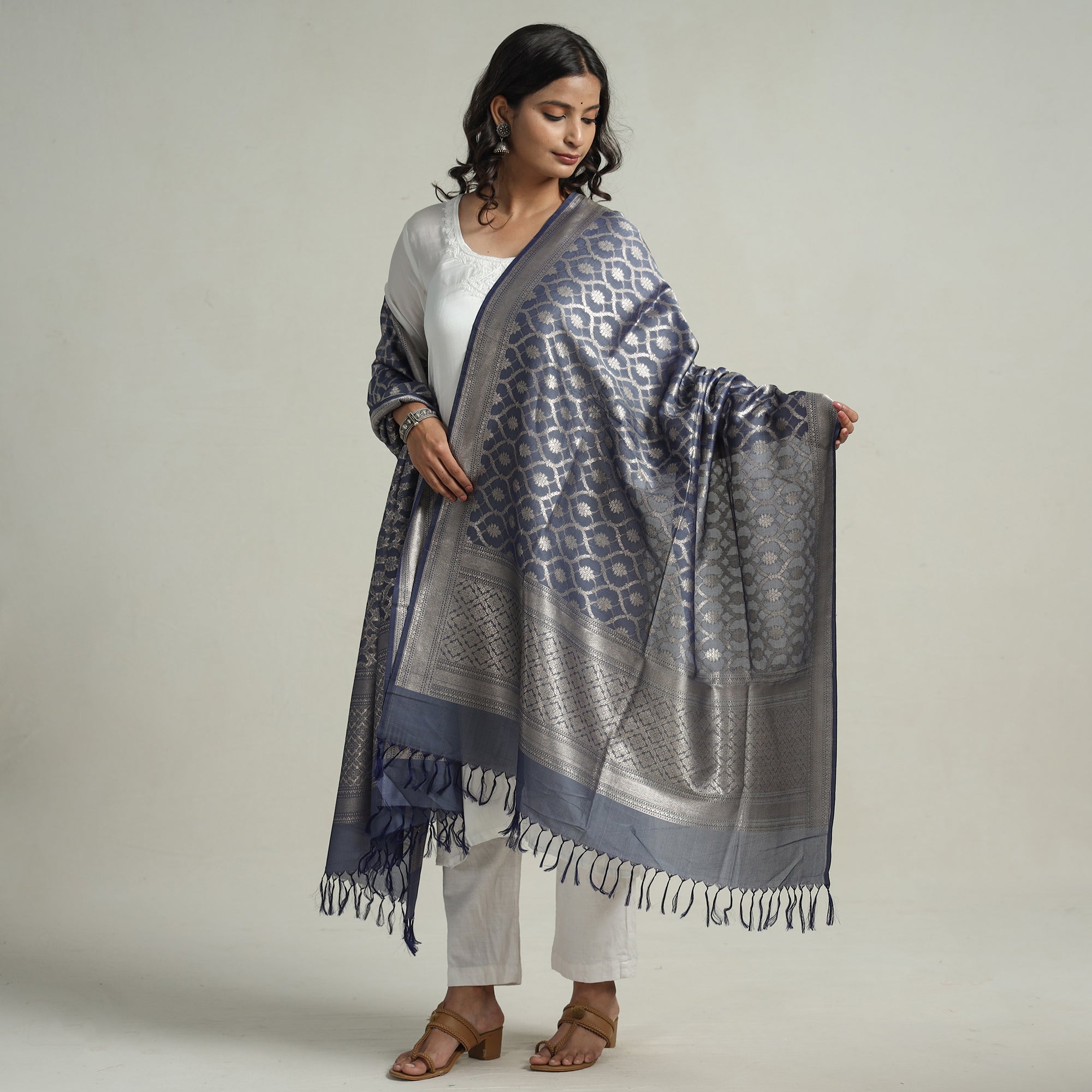 BANARASI BY MAQBUL HASAN Blue - Banarasi Handloom Katan Silk Zari Buti Dupatta with Tassels 59