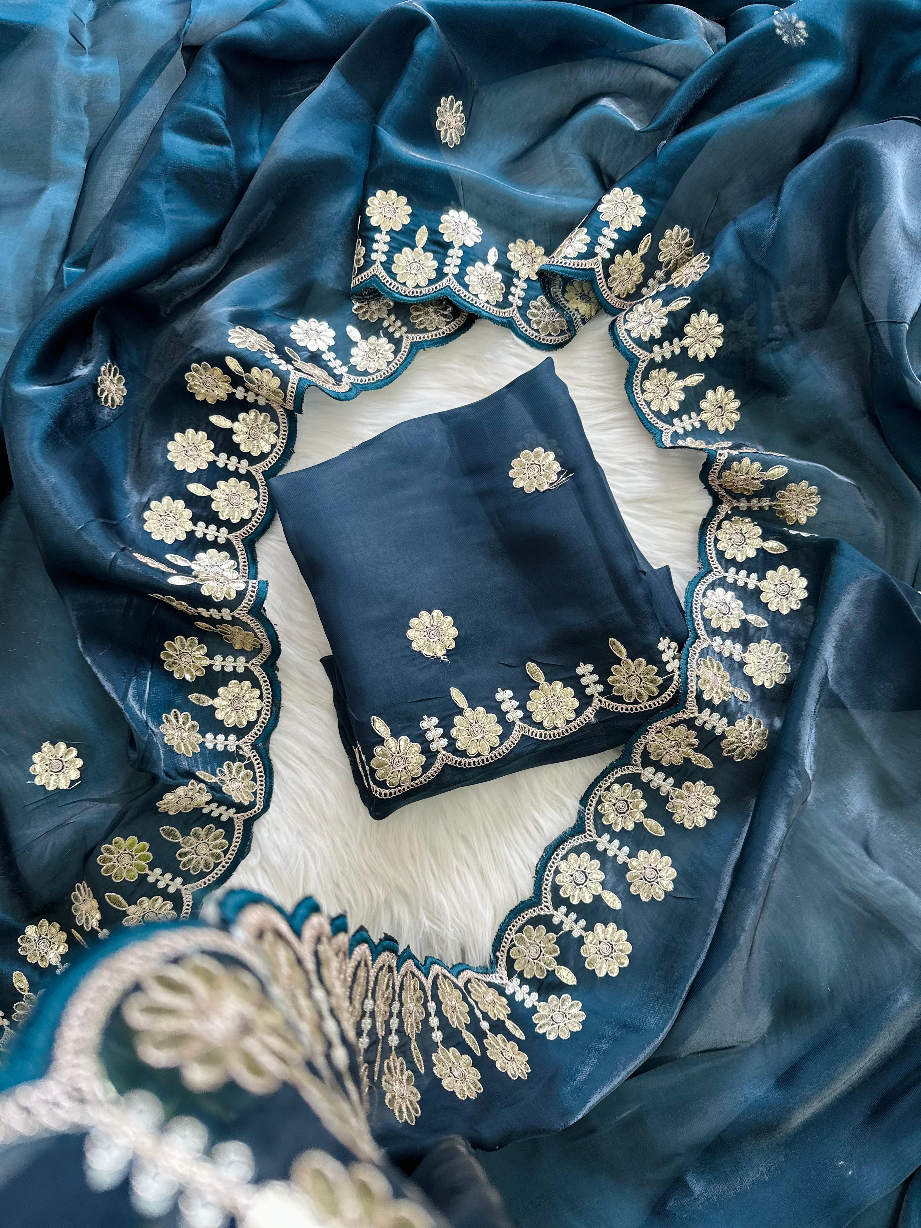 ClothsVilla Blue Jimmy Choo Saree with Beautiful Jaipuri Gota Work – Complete with Matching Running Blouse - view 2