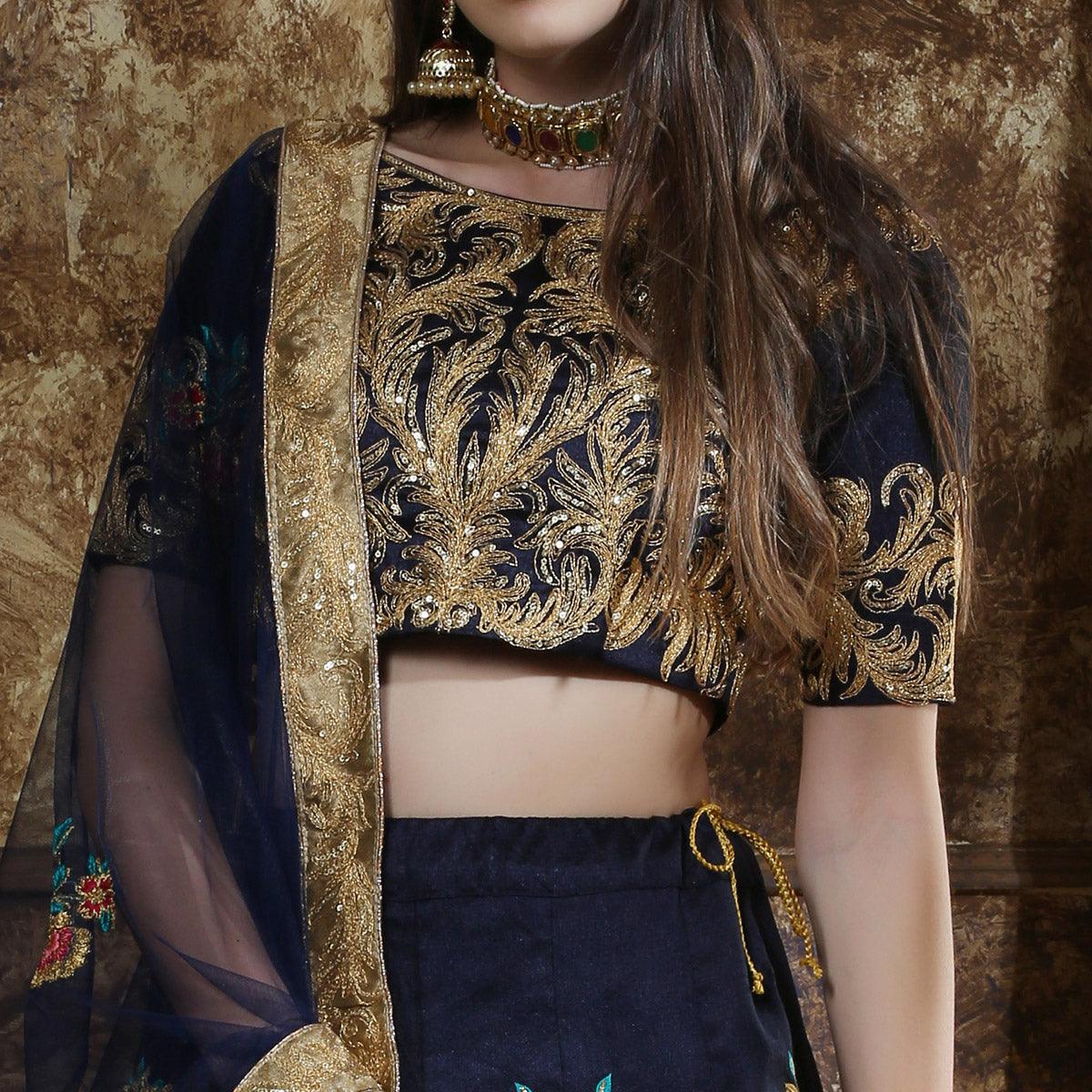 BlackTree graceful-navy-blue-colored-party-wear-embroidered-thai-silk-lehenga-choli-71067 - view 5