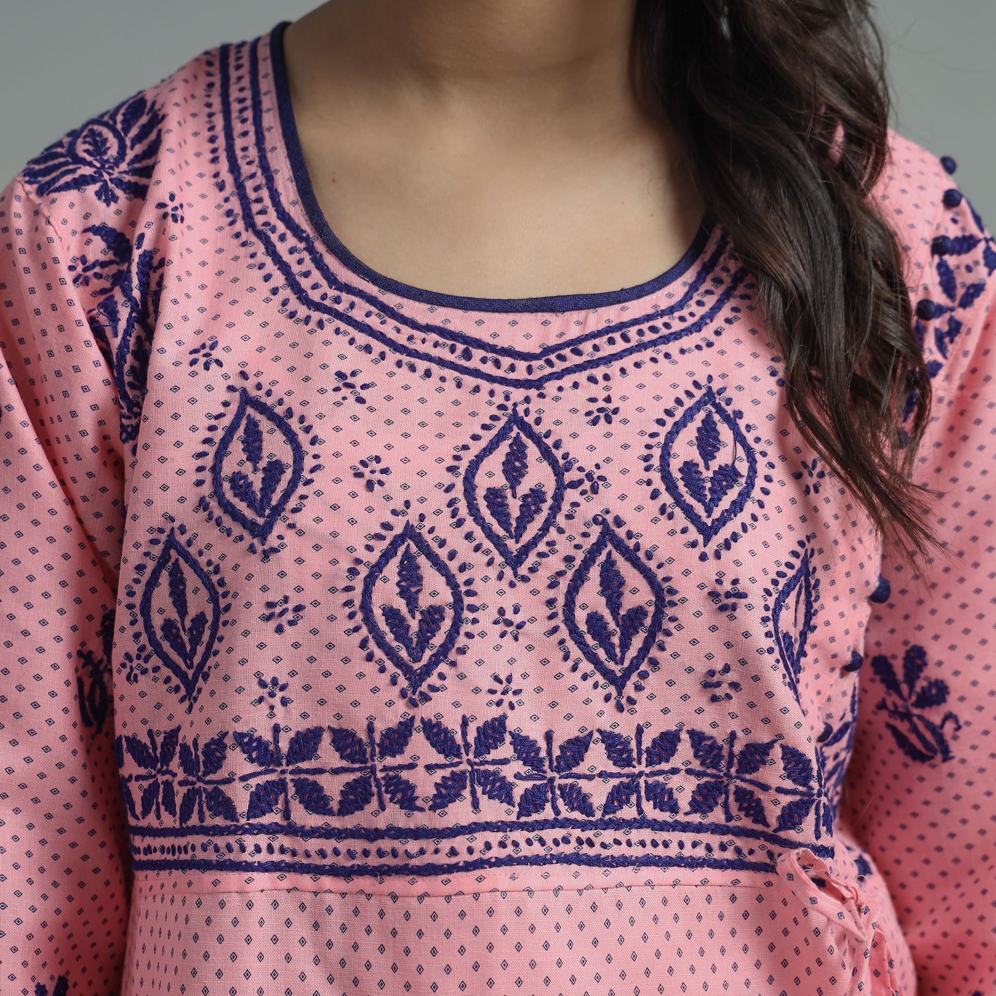 MEHARKI CHIKAN Baby Pink Chikankari Hand Embroidered Cotton Long Kurta - view 5