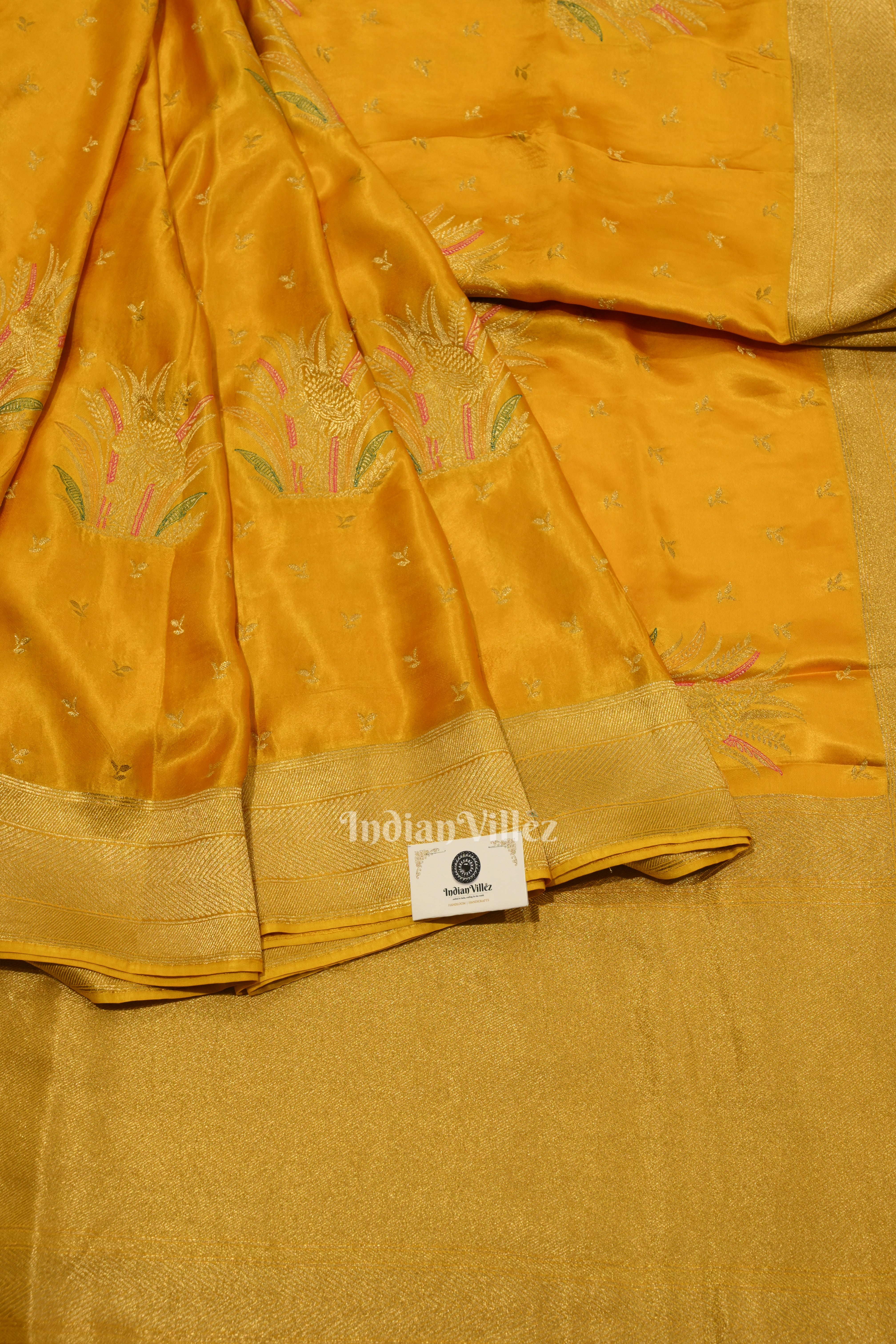 IndianVillèz Authentic Mustard Yellow with Golden Broder Mashru Satin Silk Banarasi Saree