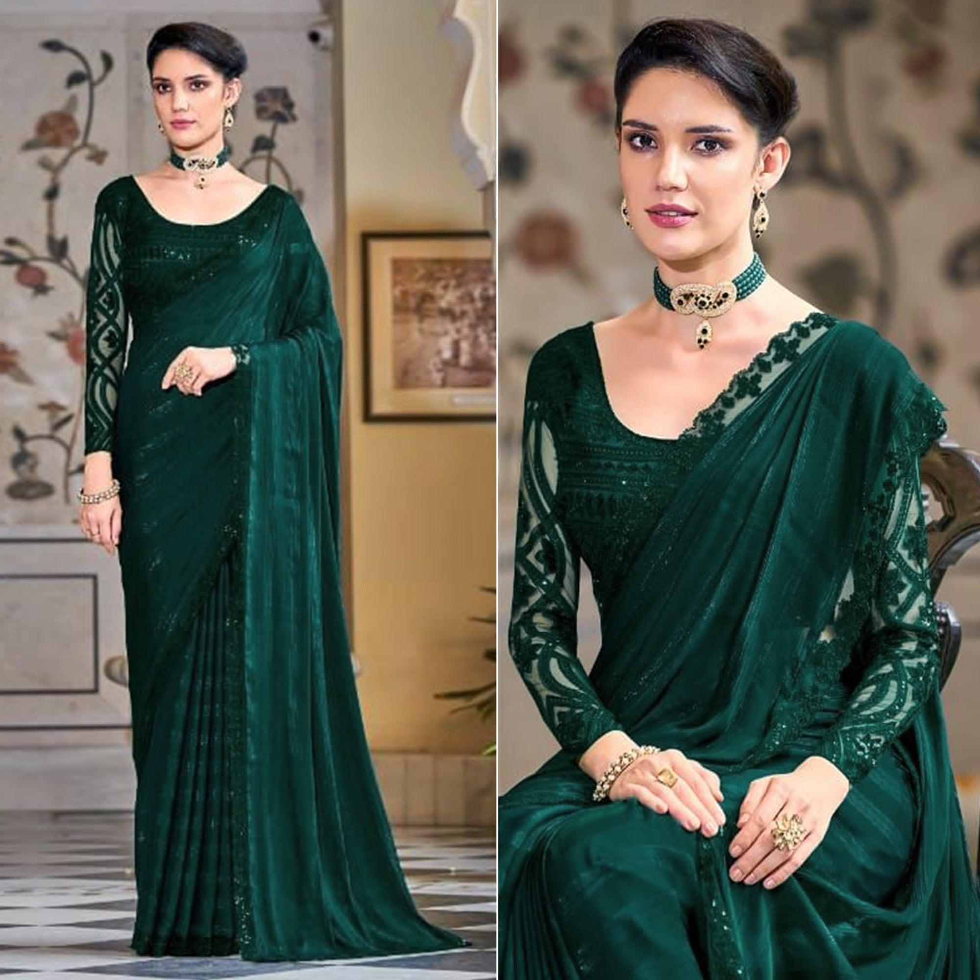 Peachmode Bottle Green Zari Striped Art Silk Saree