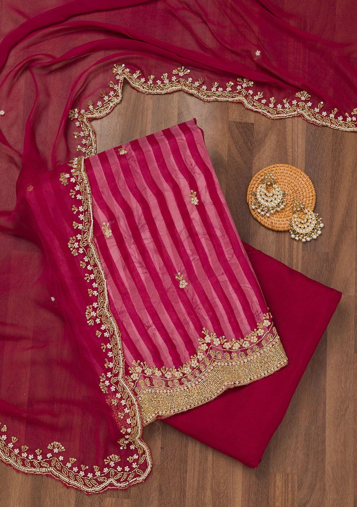 Koskii Magenta Pink Cutdana Semi Crepe Unstitched Salwar Suit