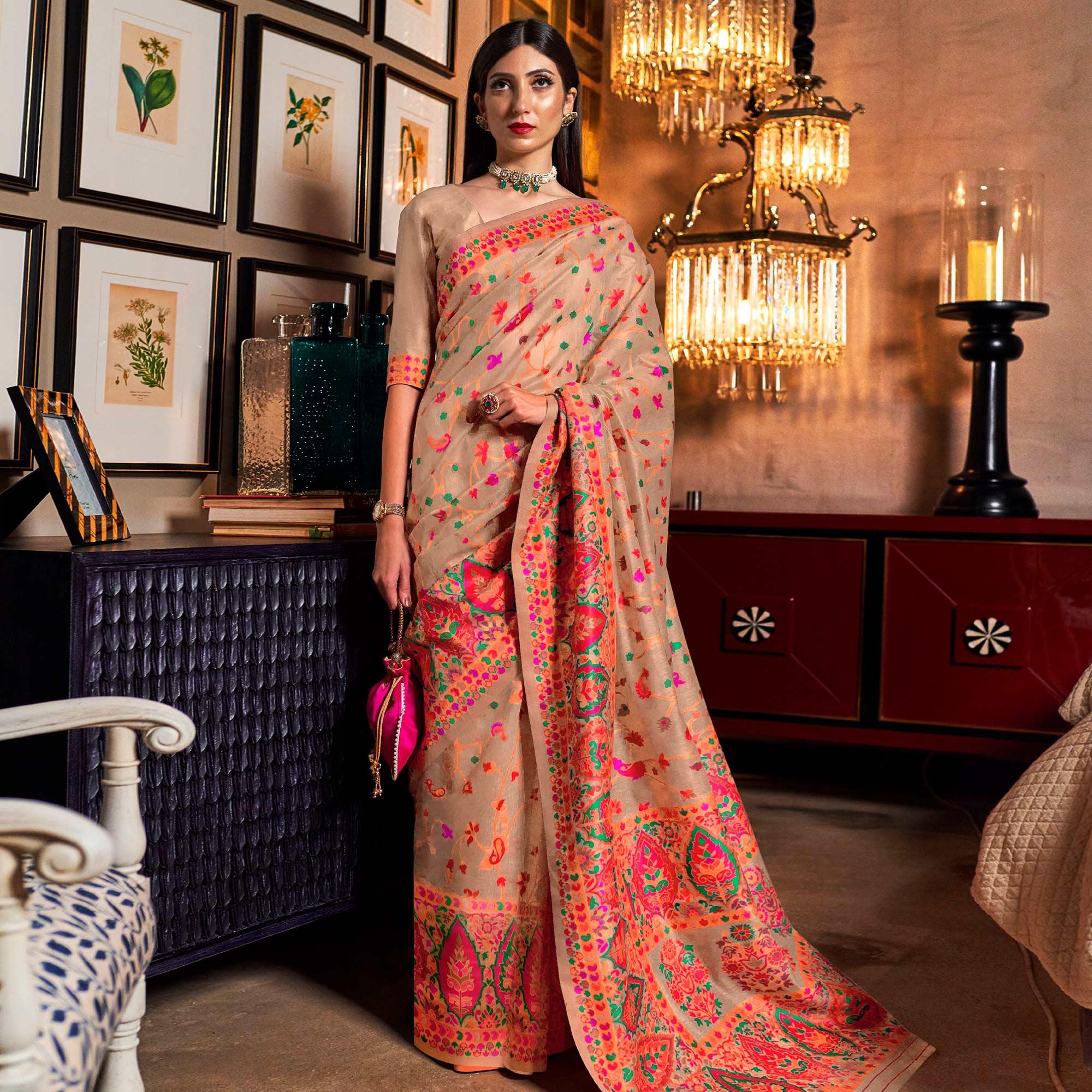 Peachmode Classy Beige Colored Festive Wear Woven Chanderi Saree