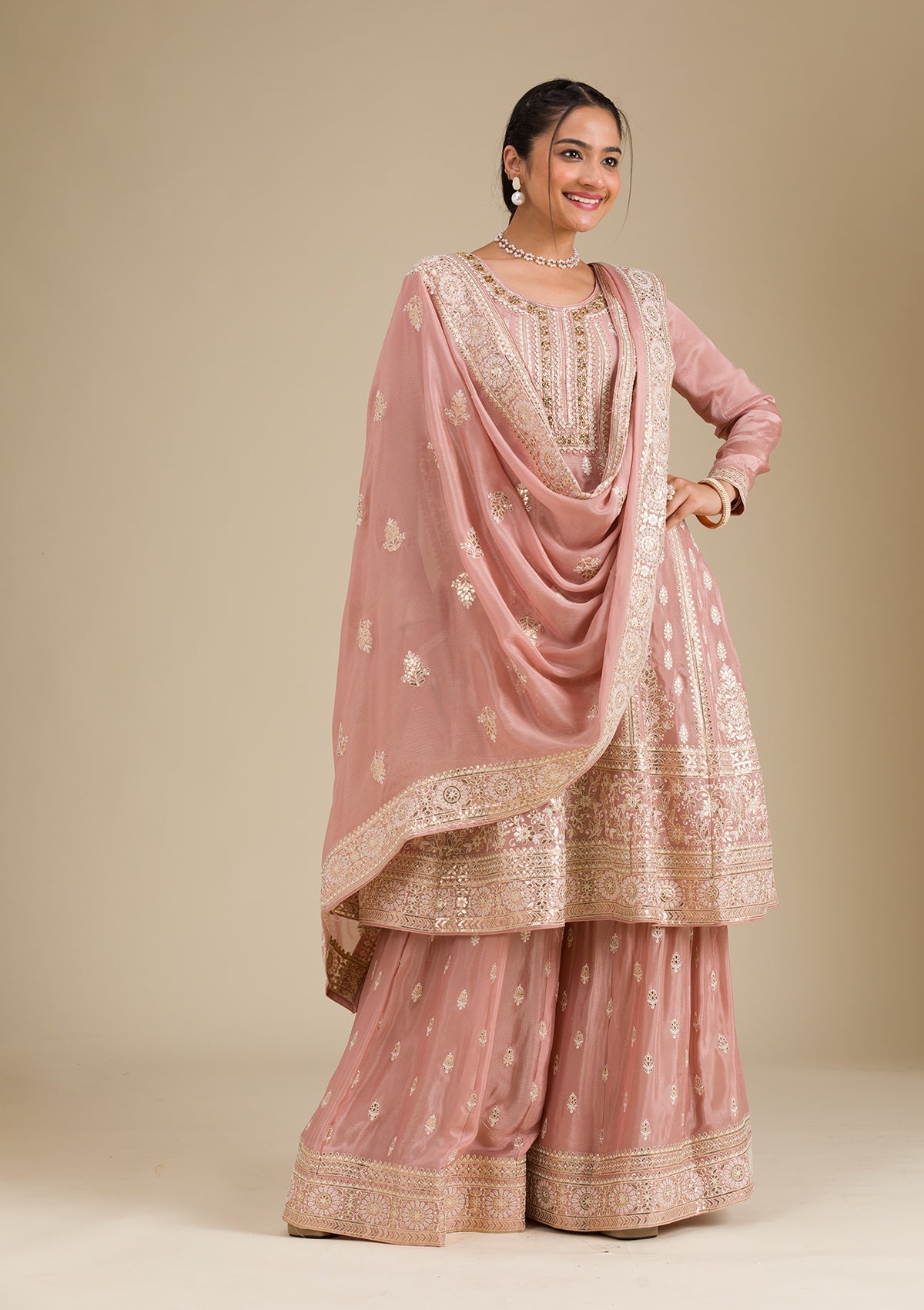 Koskii Light Brown Gotapatti Tissue Readymade Salwar Suit