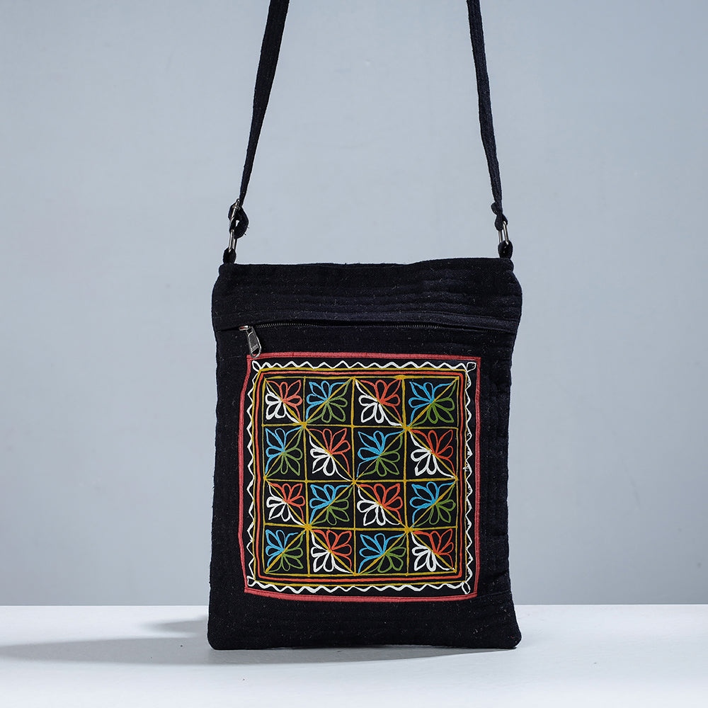 ROGAN ART PAINTING BY JABBAR KHATRI Black - Traditional Rogan Hand Painted Cotton Sling Bag