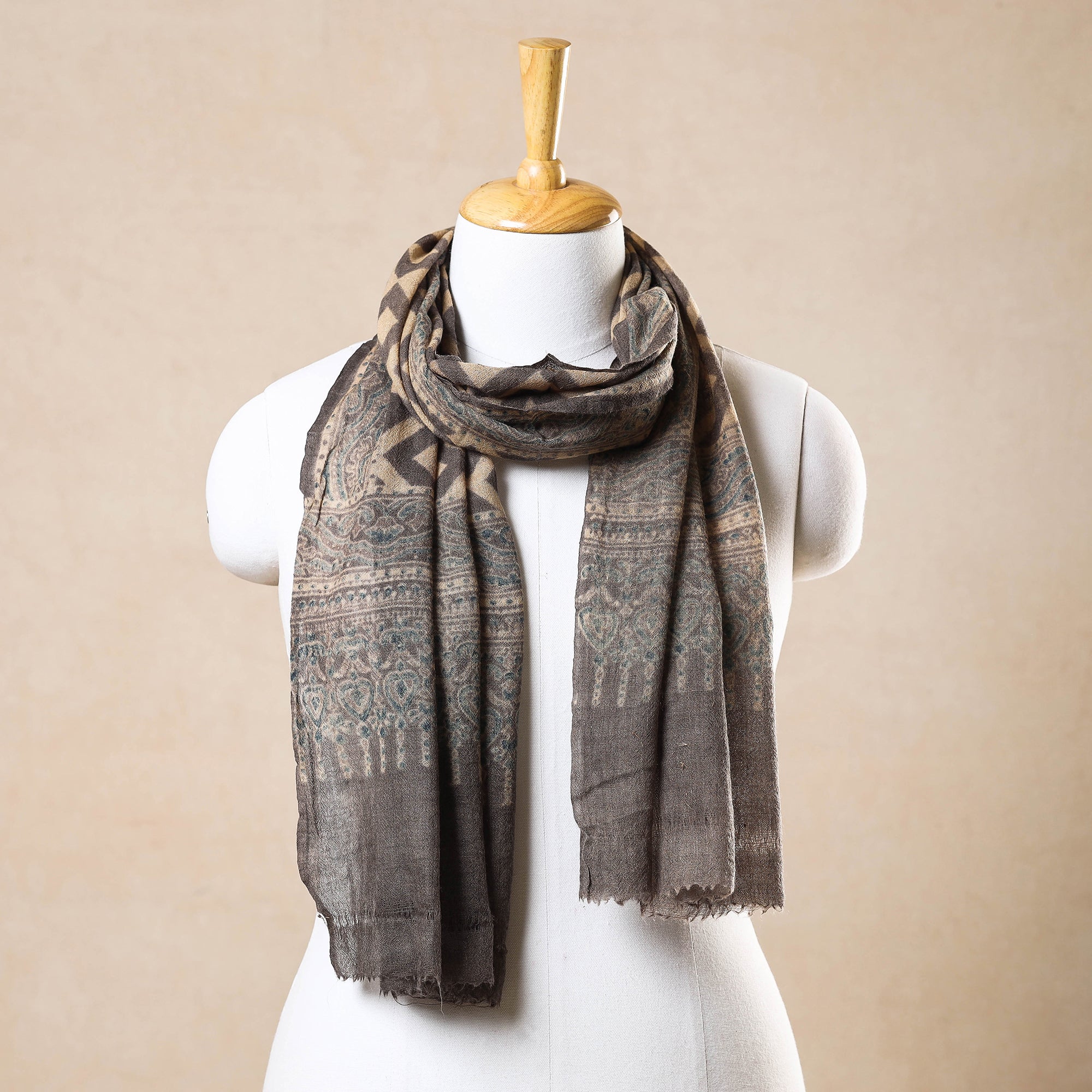AJRAKH BY JABBAR KHATRI Brown - Ajrakh Hand Block Printed Pure Woolen Stole