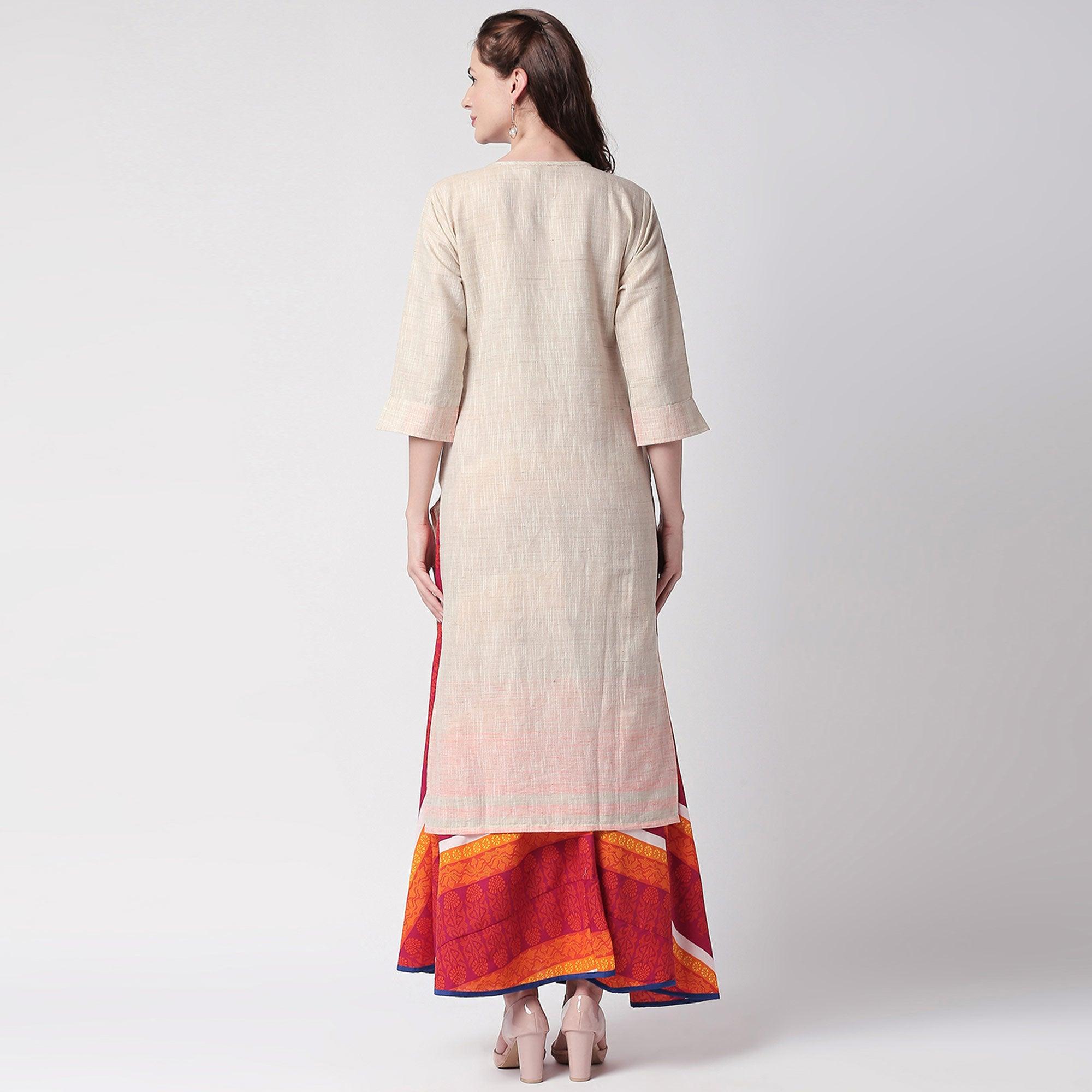 BlackTree glowing-off-white-colored-partywear-embroidered-cotton-kurti-skirt-set-41537 - view 6
