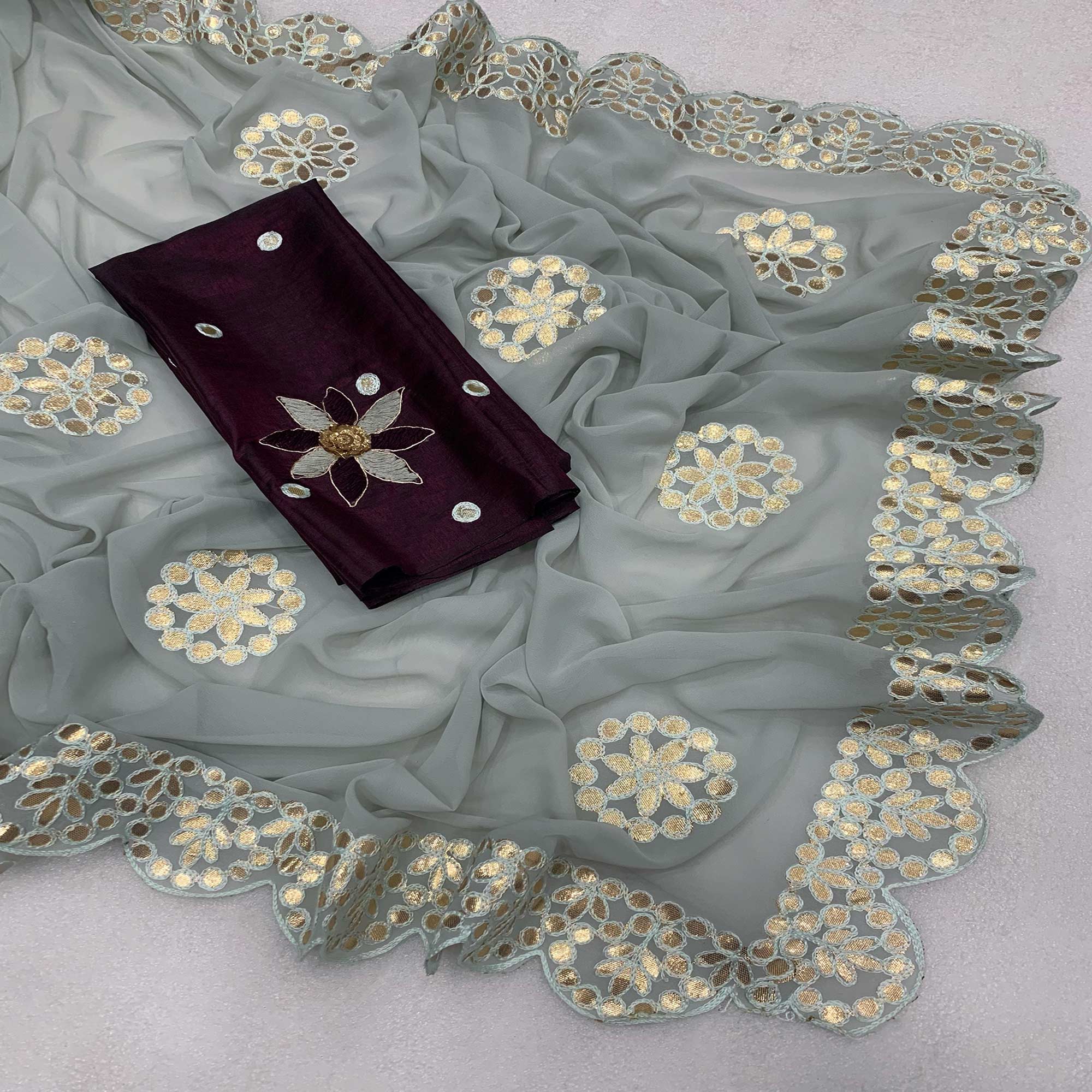 Peachmode Light Grey Embroidered Georgette Saree With Gota Patti Work