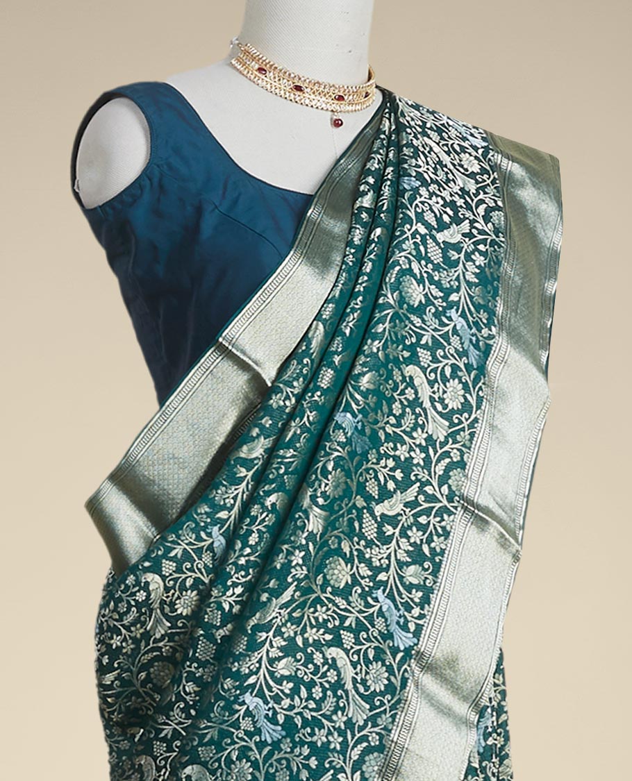 Pothys Green floral embroidery pure crepe saree with self intricate zari design border