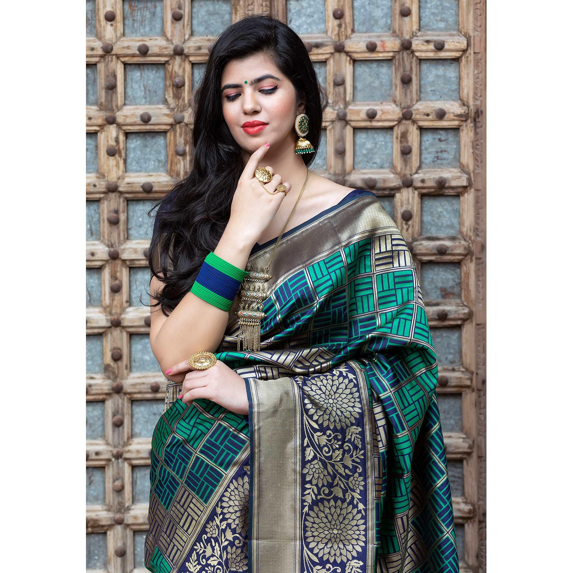 Peachmode Eye-catching Navy Blue Colored Festive Wear Woven Banarasi Silk Saree - view 5
