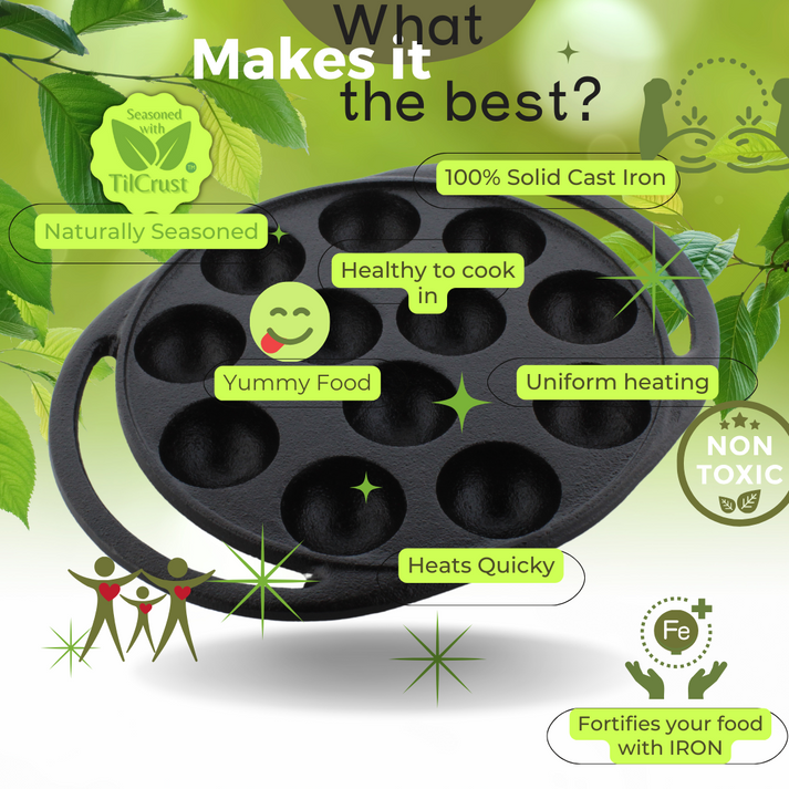 Trilonium Triple Seasoned Cast Iron Paddu tawa | Paniyarakkal | Paniyaram Pan 12 Pits | Black - view 9