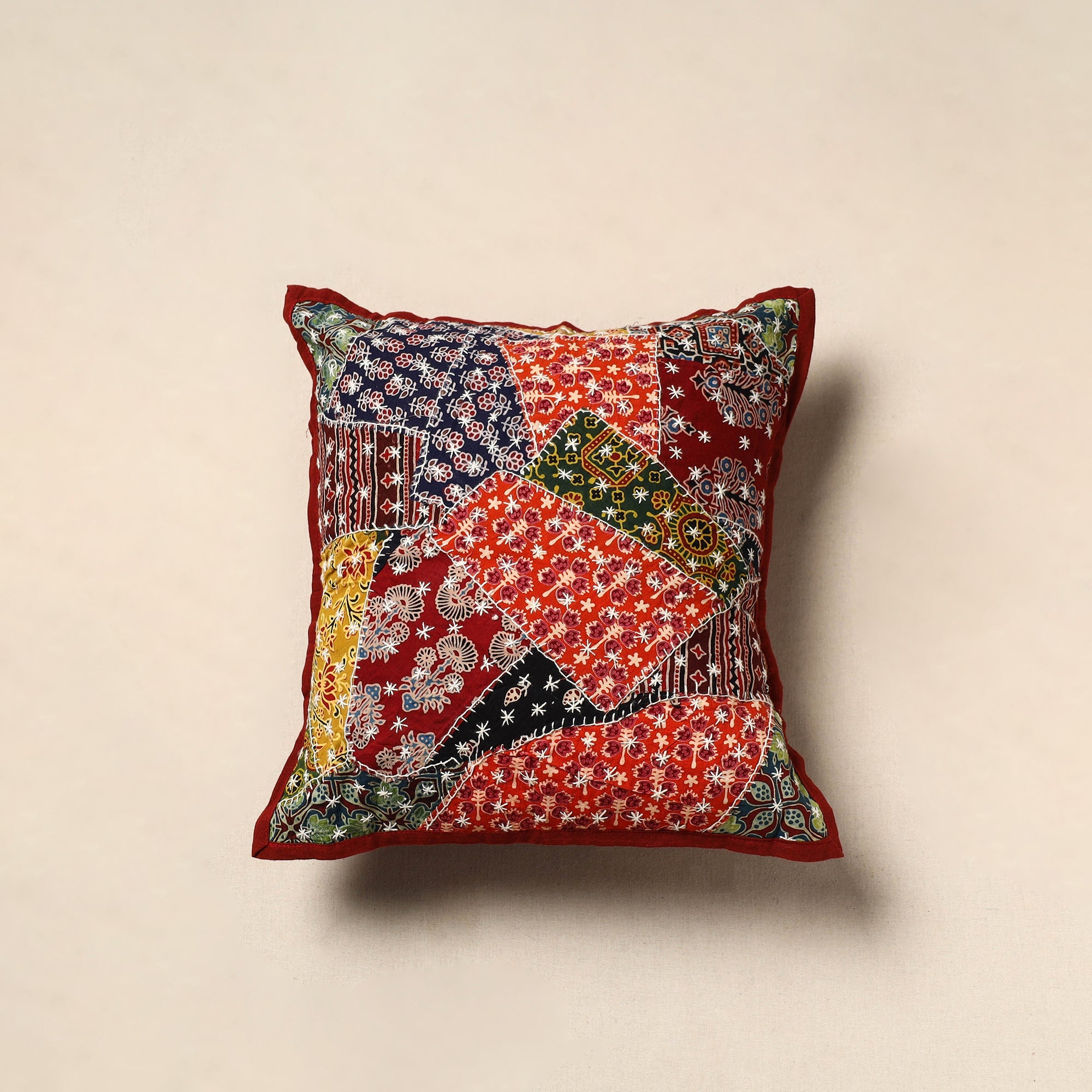 SHADES OF MARUDHARA Ajrakh Tagai Patchwork Cotton Cushion Cover (16 x 16 in)