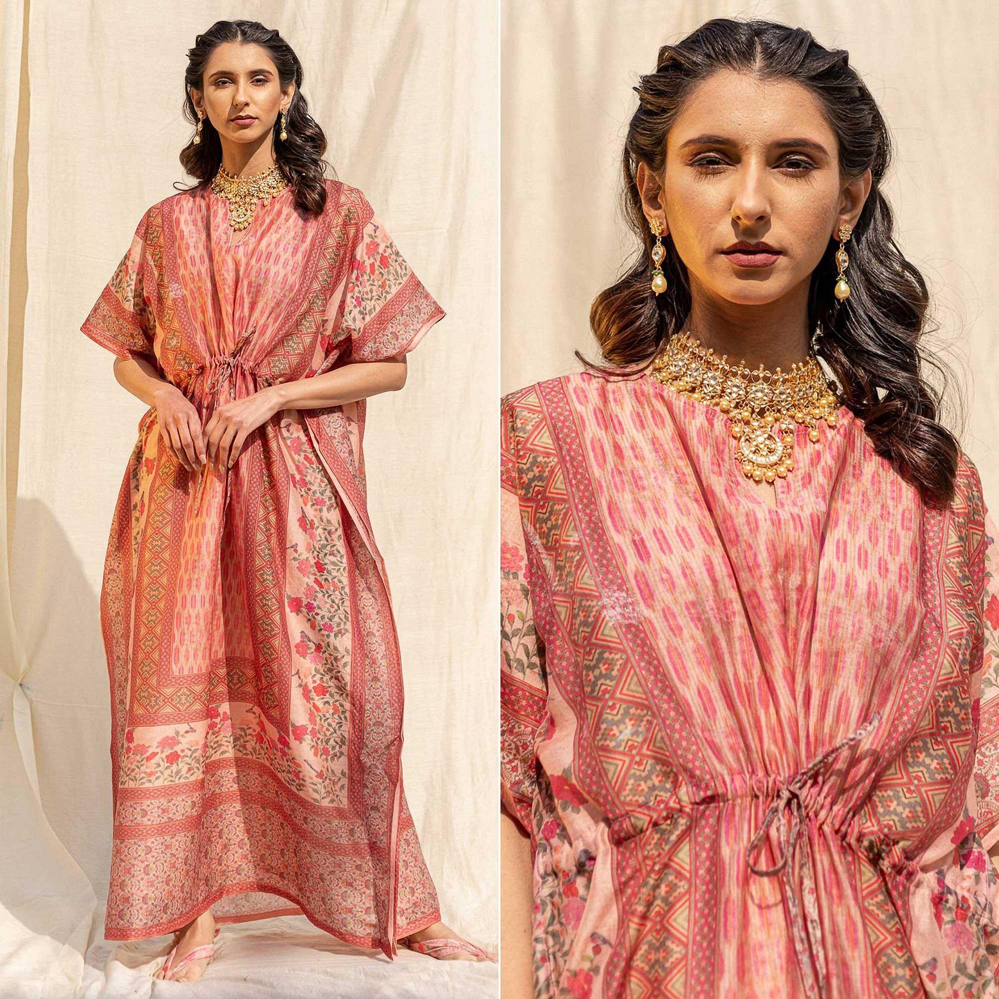 Peachmode Seller Light Salmon Peach Casual Wear Floral Digtial Printed Silk Kaftan Kurti