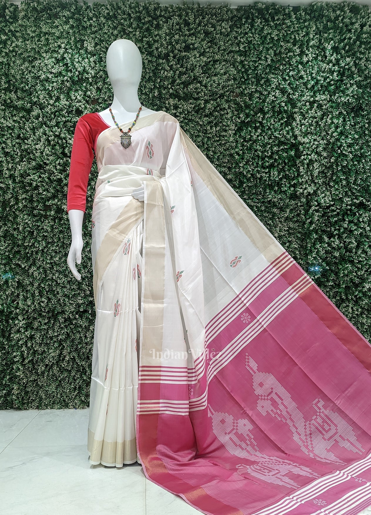 IndianVillèz White Pink Pure Bishnupuri Silk Saree