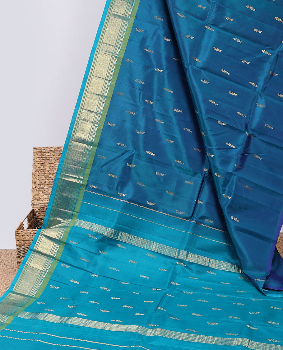 Pothys Blue buttas kancheepuram silksaree, zari design pallu & contrast border of panner sombu,banaras,muthu,mayil kann - view 2