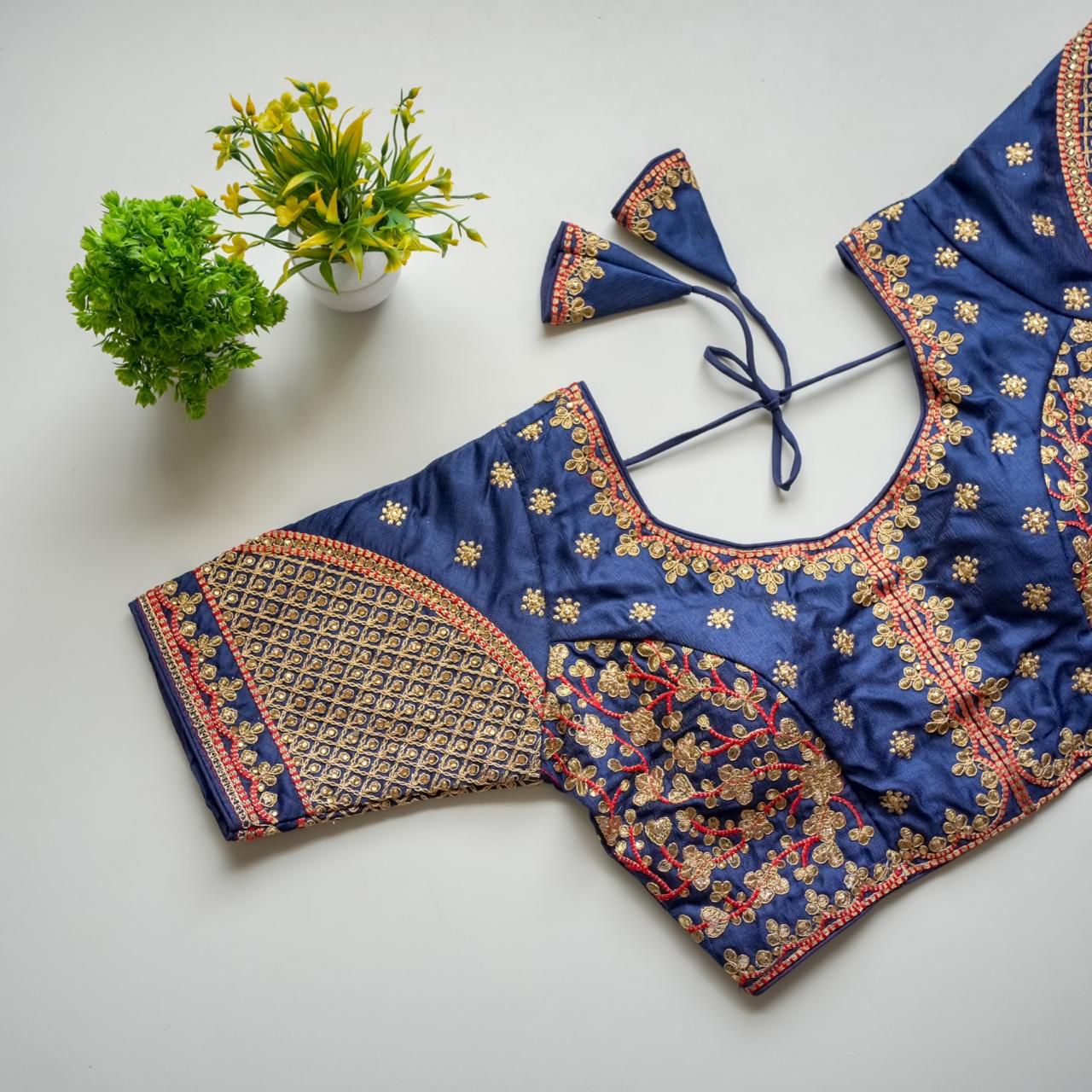 ClothsVilla Blue Mulmul Silk Blouse with Golden Embroidery and Sequins - view 2