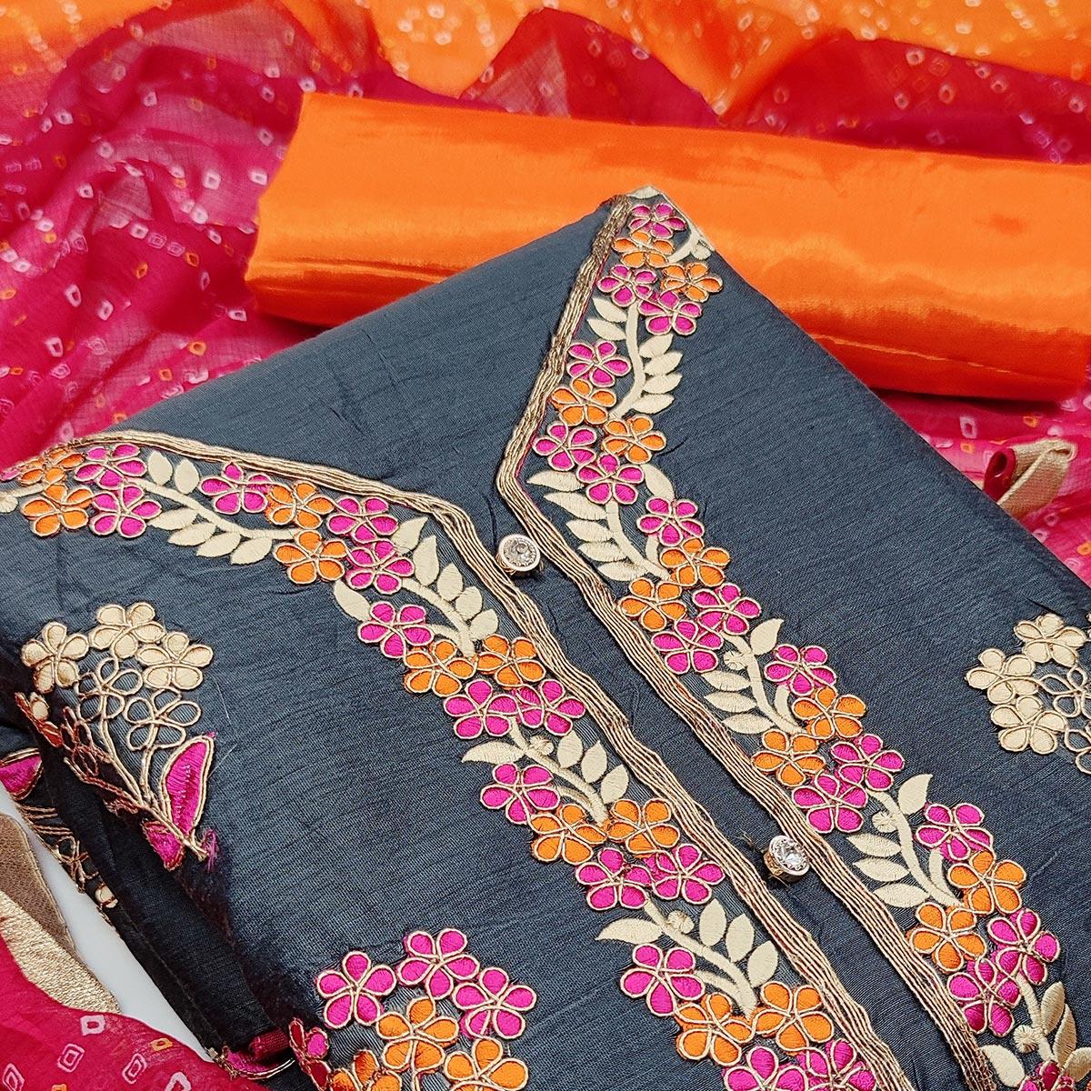 Peachmode Dark Grey Casual Wear Floral Embroidery With Hand Work Modal Chanderi Dress Material - view 2
