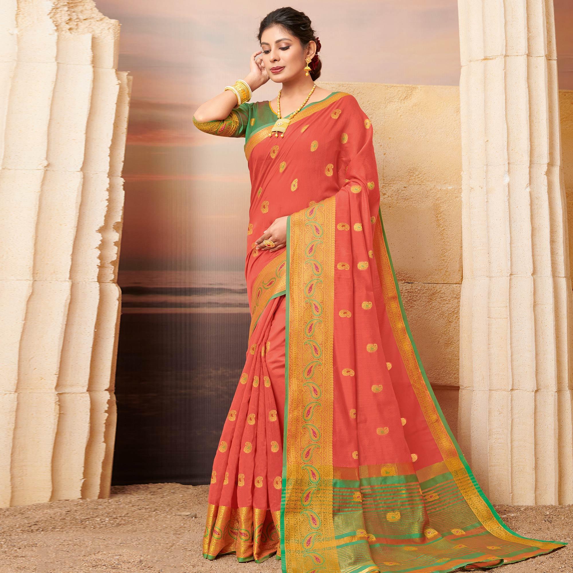 Peachmode Charming Peach Colored Festive Wear Woven Cotton Saree
