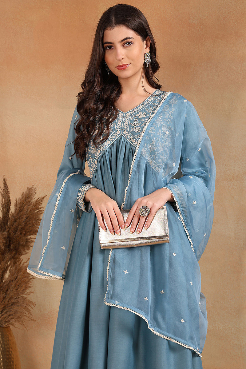 Ahika Blue Silk Blend Solid Embroidered Anarkali Suit Set PKSKD2013 - view 5