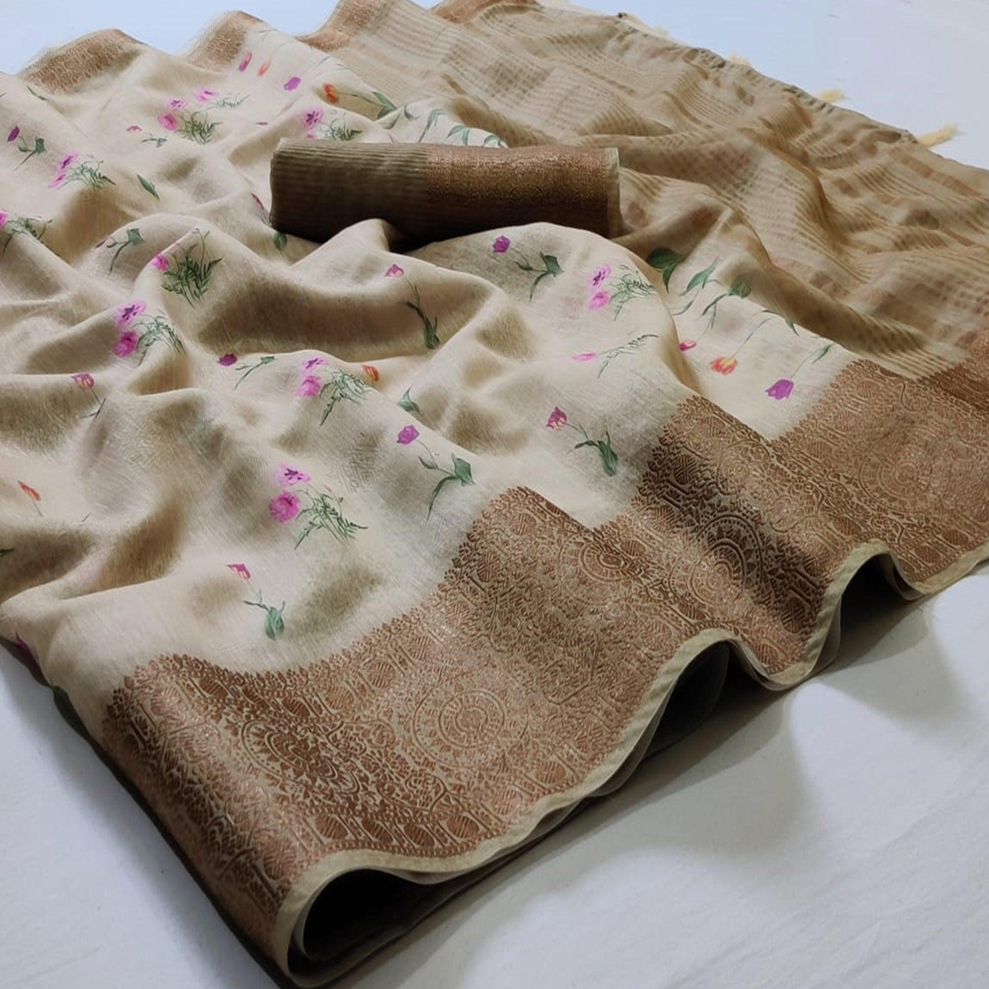 Peachmode Innovative Beige Colored Festive Wear Woven Banarasi Silk Saree