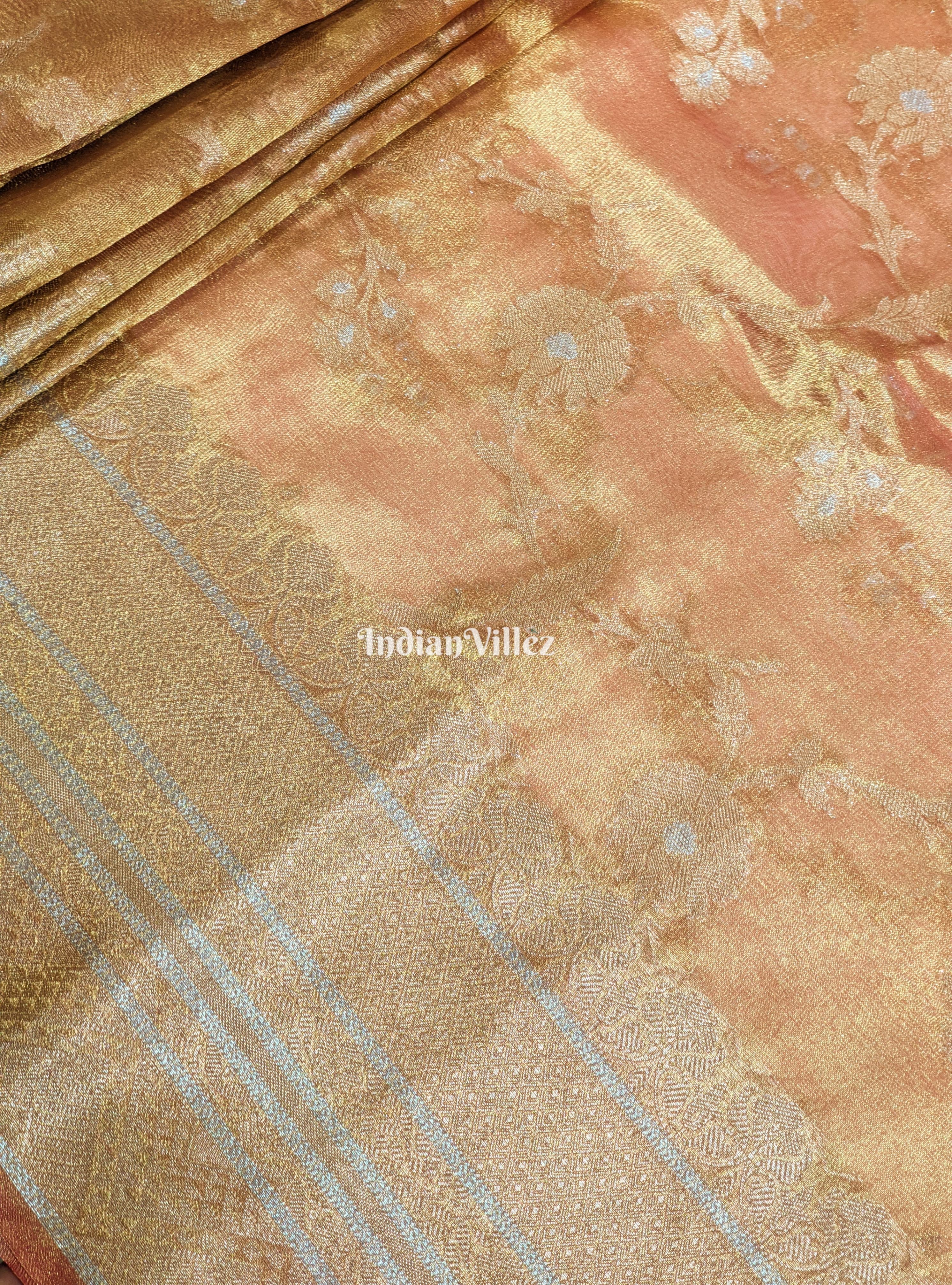 IndianVillèz Orange Golden Dual Tone Zari Woven Banarasi Tissue Saree - view 2