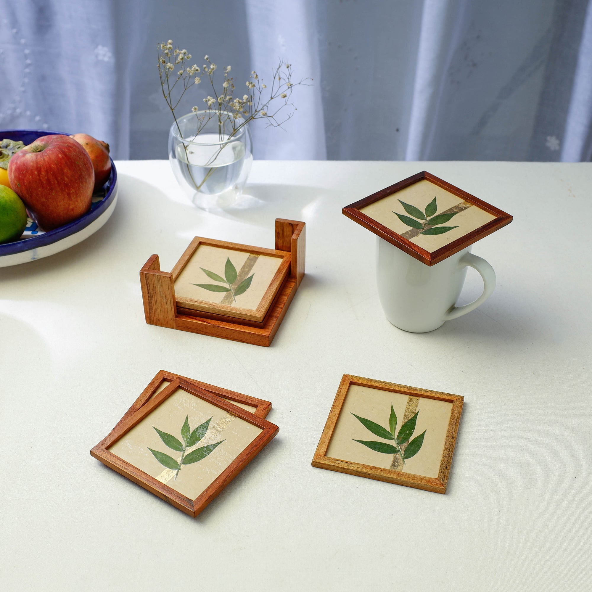 SHRADHANJALI - AN AUROVILLE UNIT Bamboo Art Work Wooden Square Coasters (Set of 6)