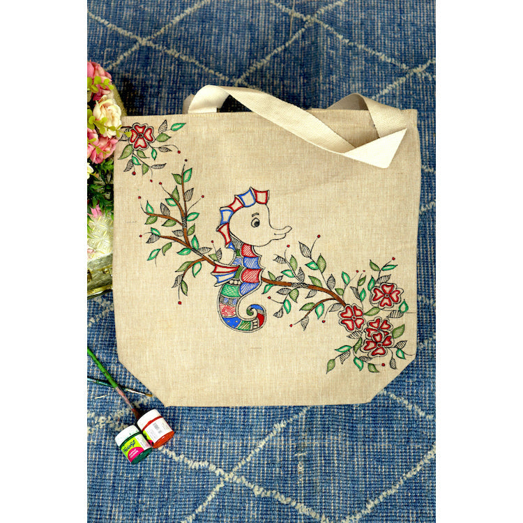 DIORAMA DESIGNS Beige - Cultural Canvas Carryall Handpainted Cotton Jute Tote Bag