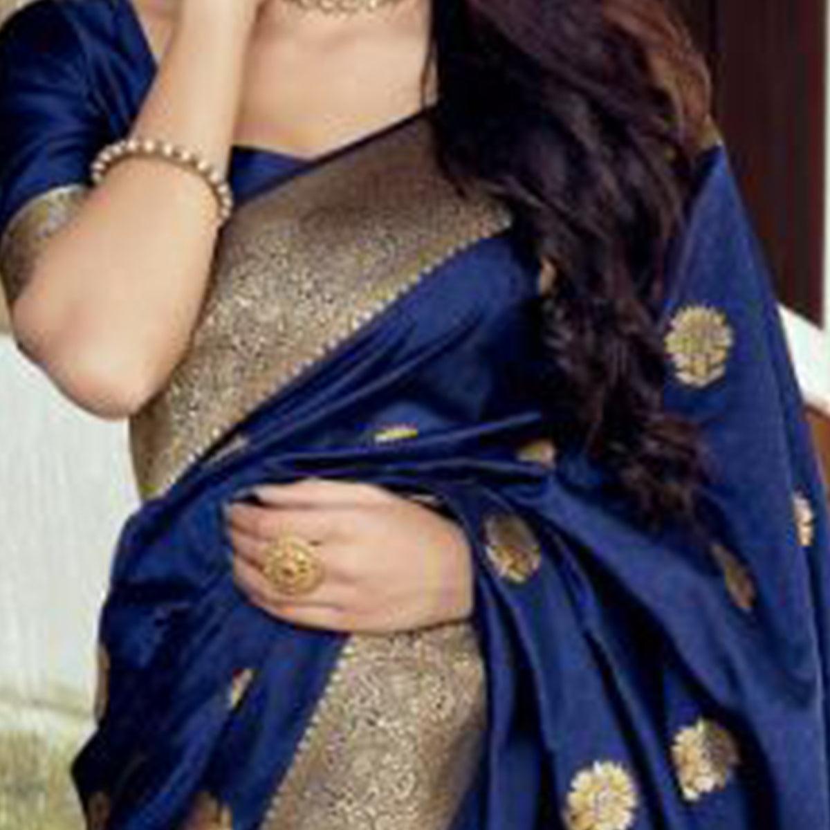 Peachmode Jazzy Navy Blue Coloured Partywear Woven Silk Saree - view 2
