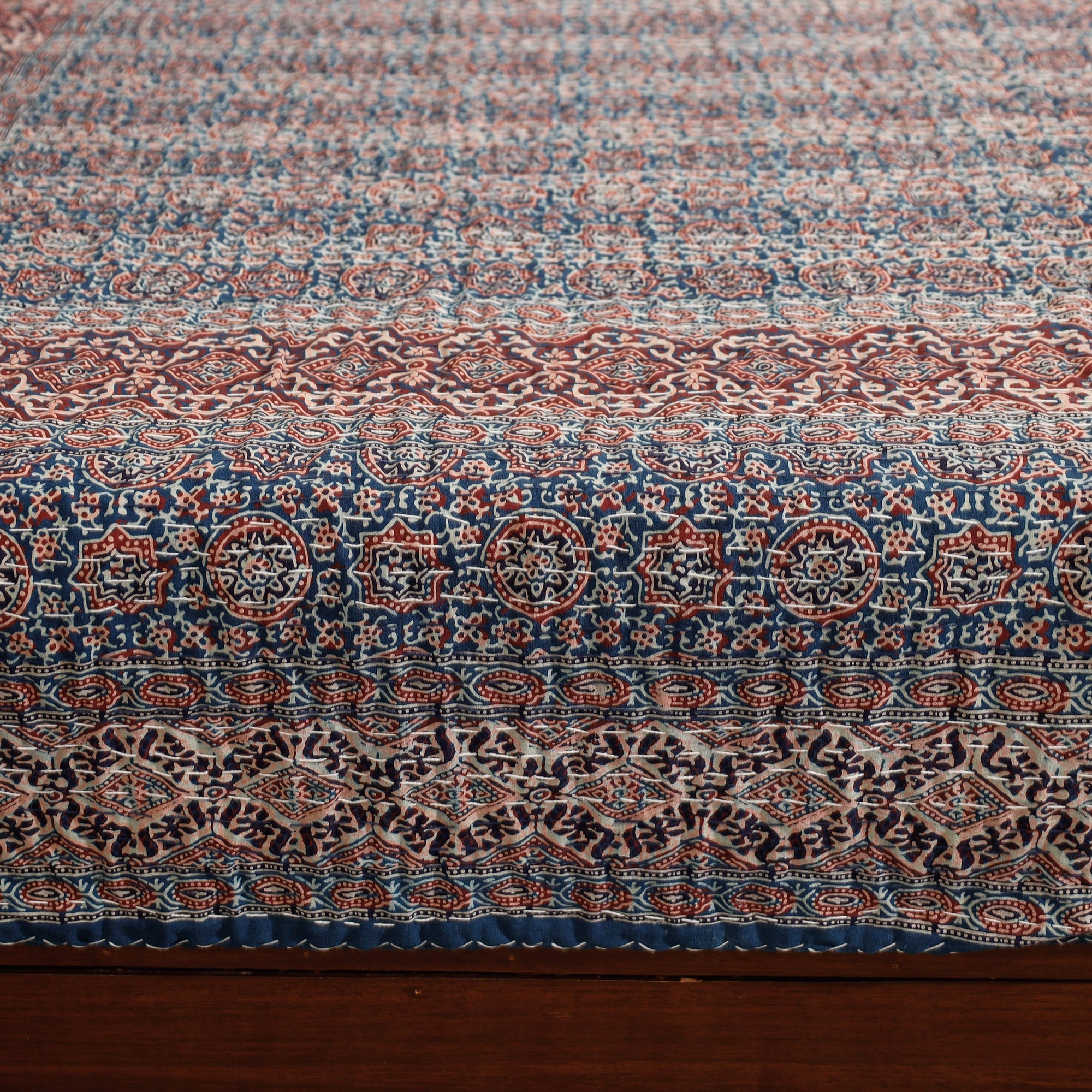 SHADES OF MARUDHARA Blue - Ajrakh Block Printed Kantha Work Cotton Double Bed Cover (105 x 90 in) - view 2