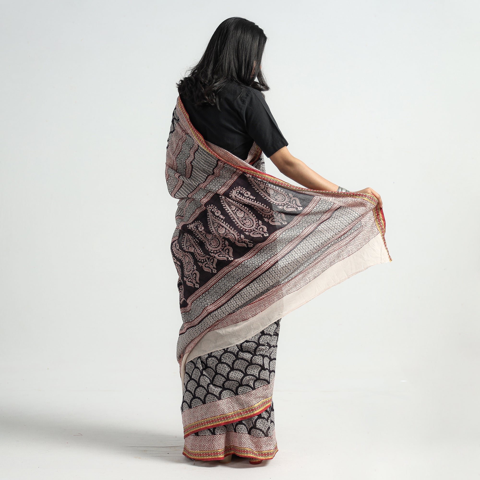 BAGH PRINTS BY MOHAMMED BILAL KHATRI Black - Bagh Hand Block Printed Natural Dyed Cotton Saree with Zari Border - view 6
