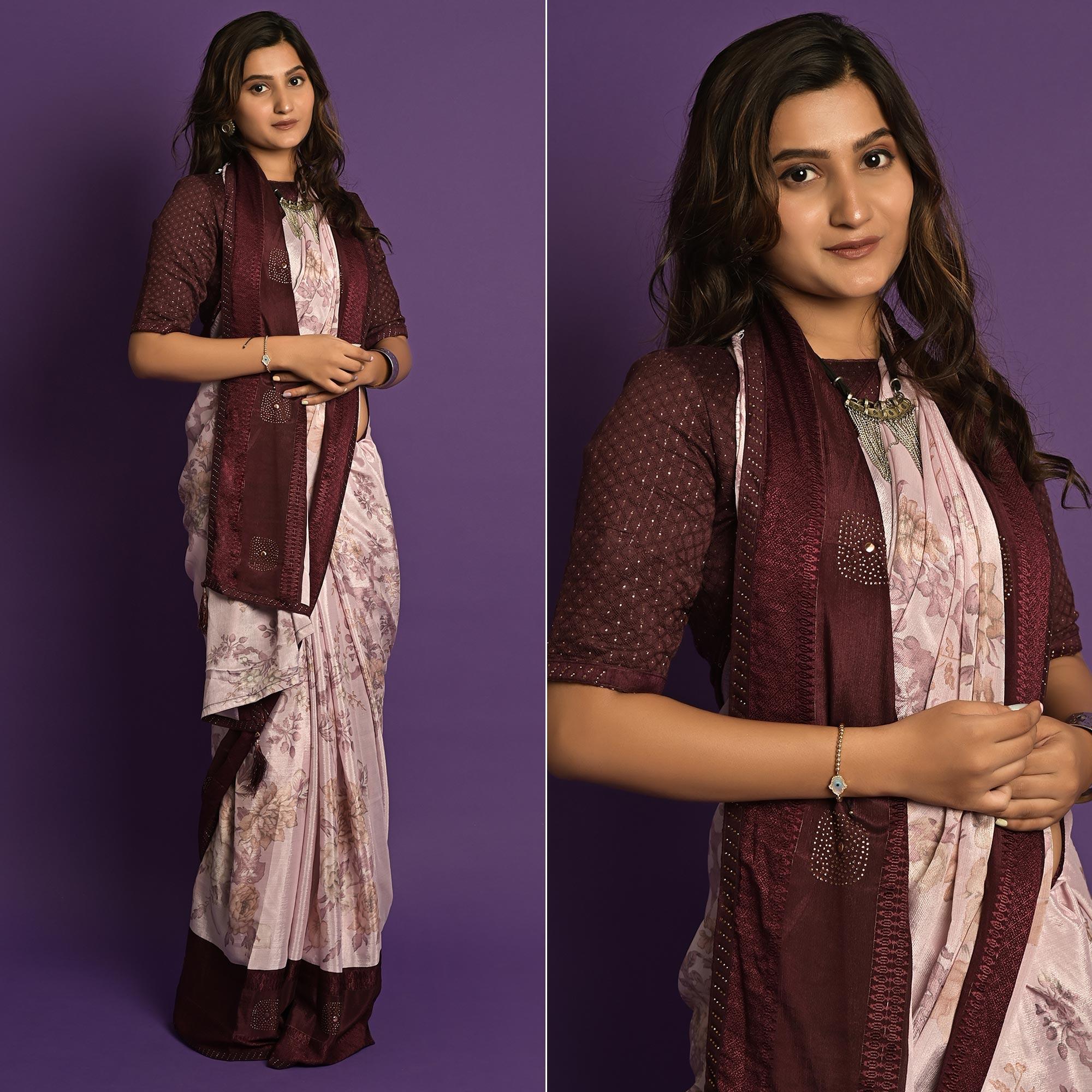 Peachmode Light Pink Printed-Embellished Chiffon Saree