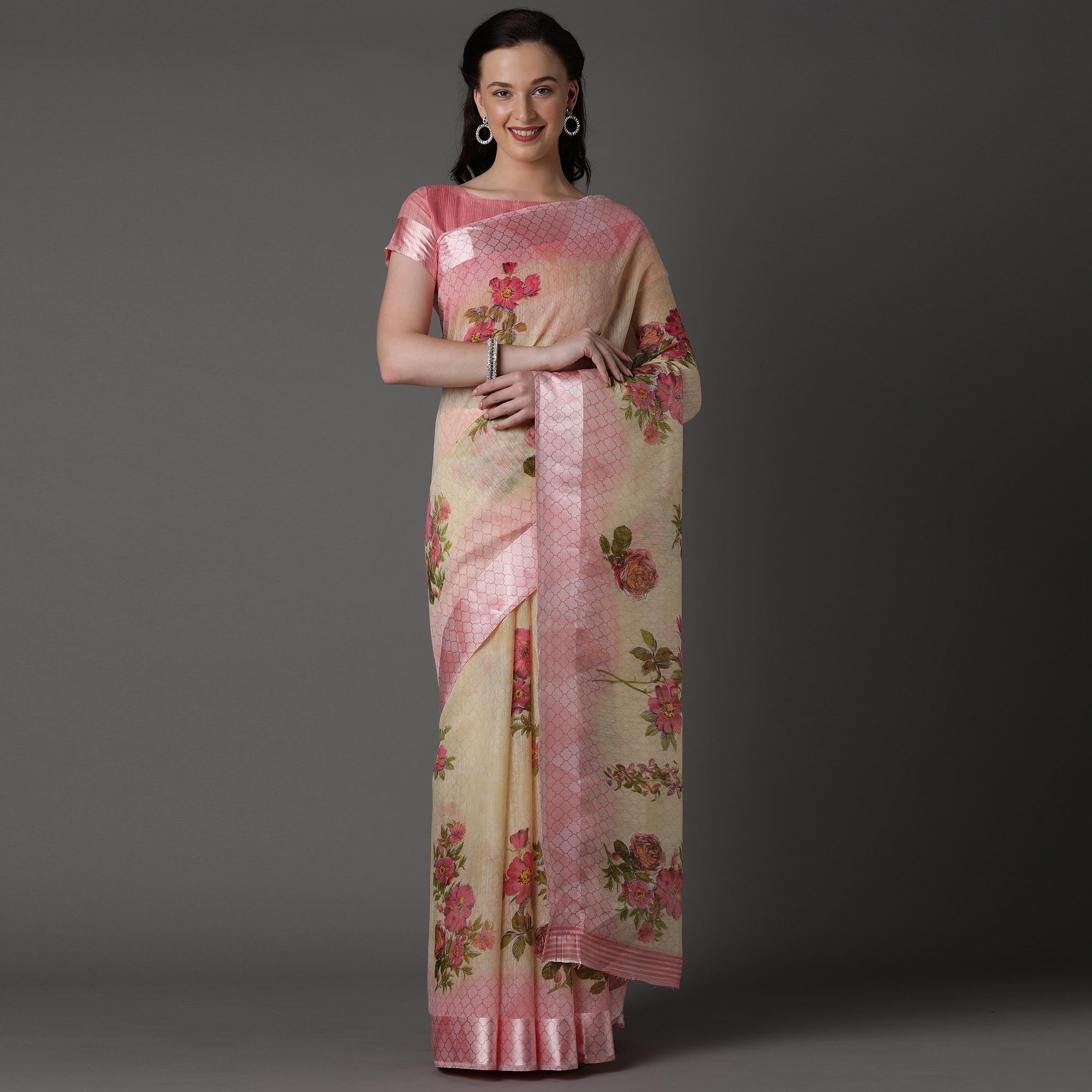 Peachmode Cream Casual Cotton Silk with Satin Patta Printed Saree With Unstitched Blouse