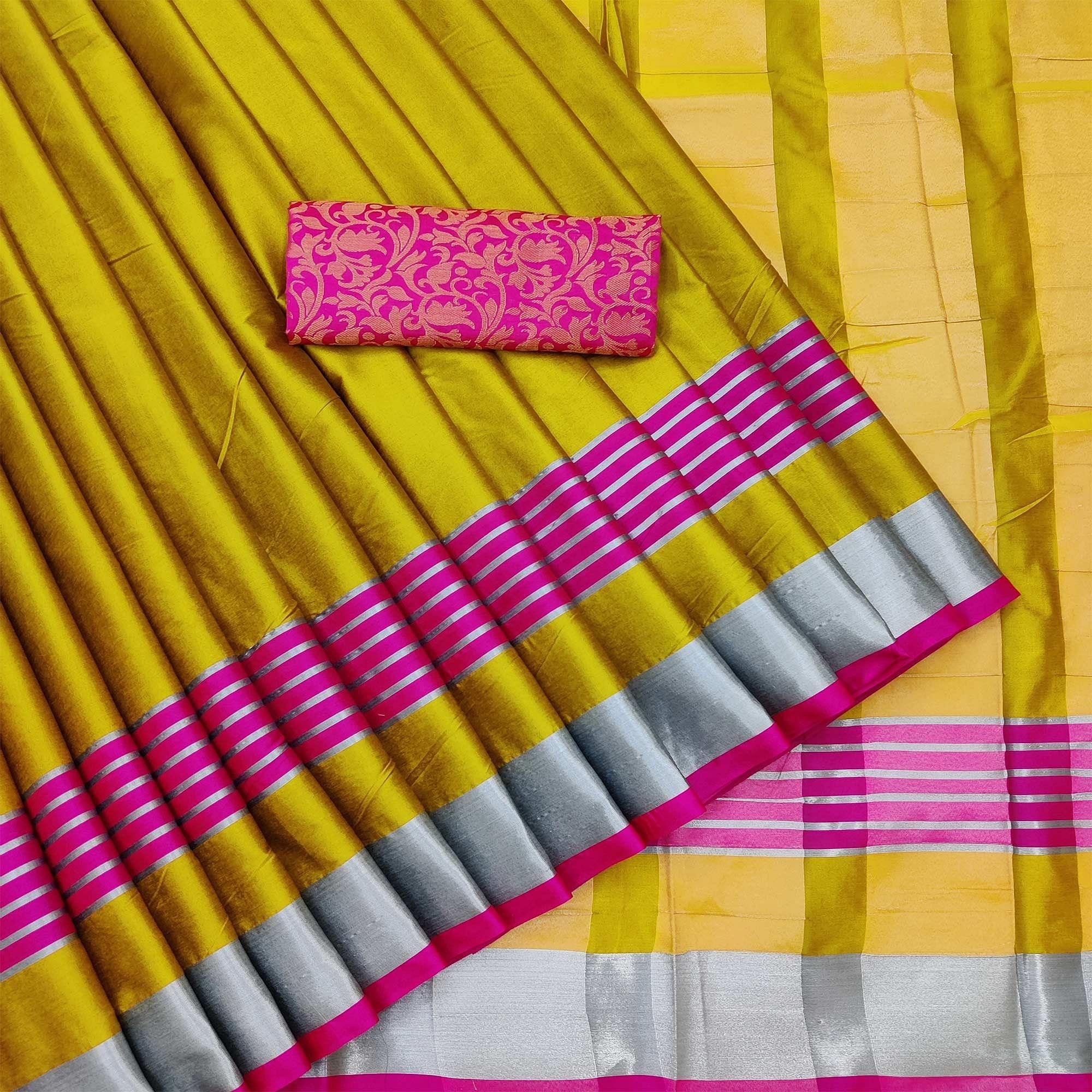 Peachmode Lovely Mustard Coloured Casual Wear Zari Border Cotton Saree