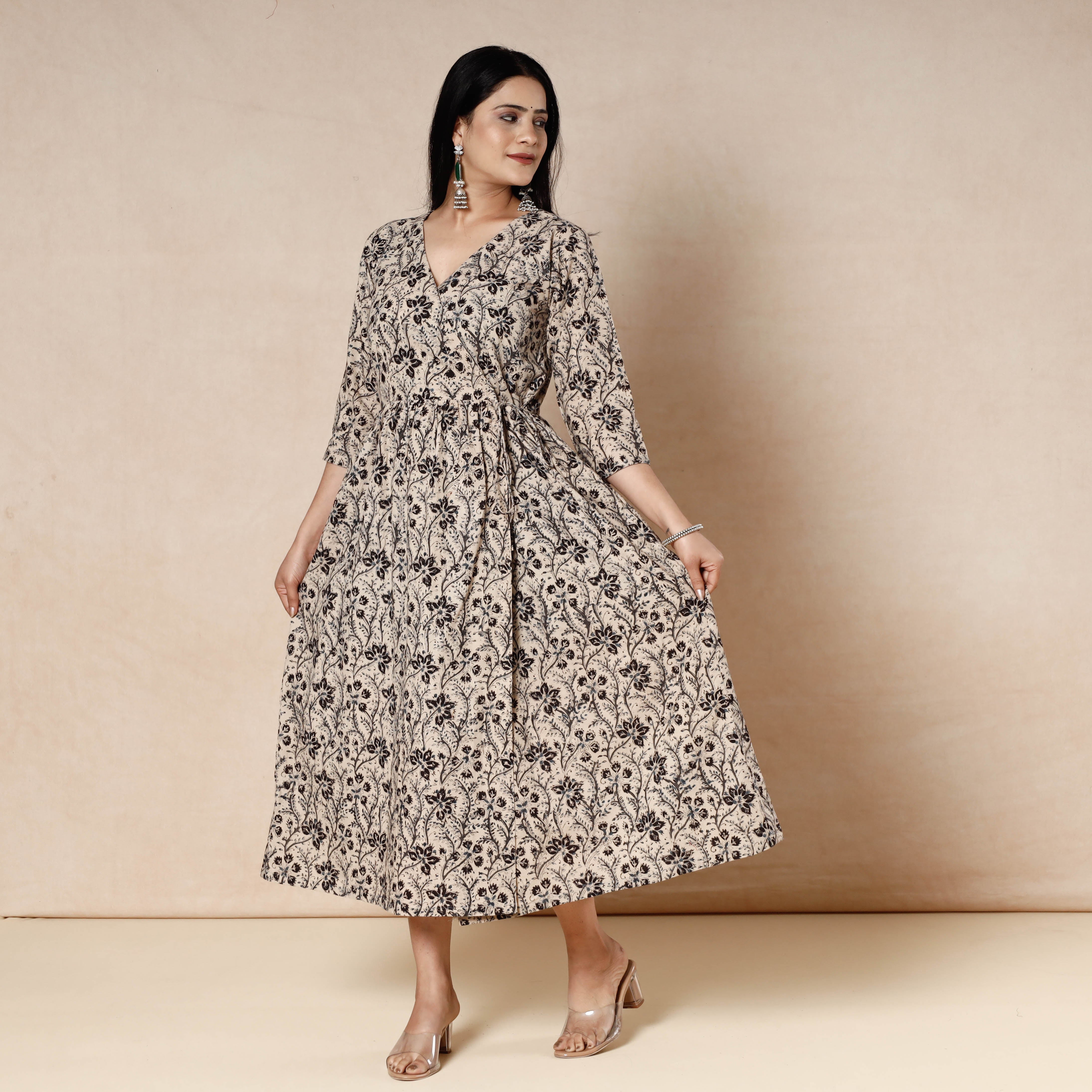 ITOKRI CASUALS Beige - Kalamkari Block Printed Cotton Flared Dress - view 2
