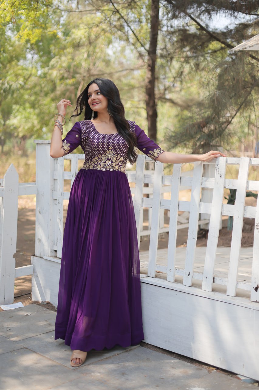 ClothsVilla Purple Luxury Embroidered Designer Gown for Women - view 3
