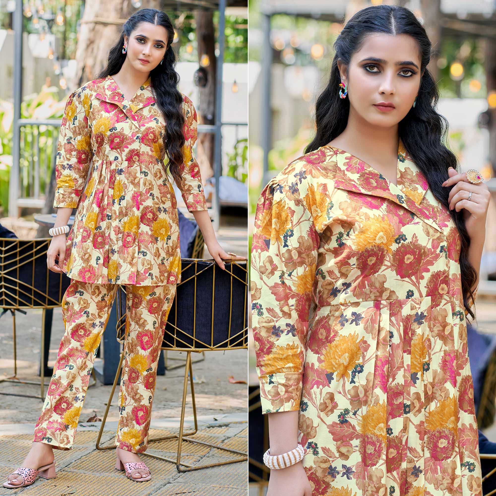 Peachmode Cream Floral Foil Printed Chanderi Silk Co Ord Set