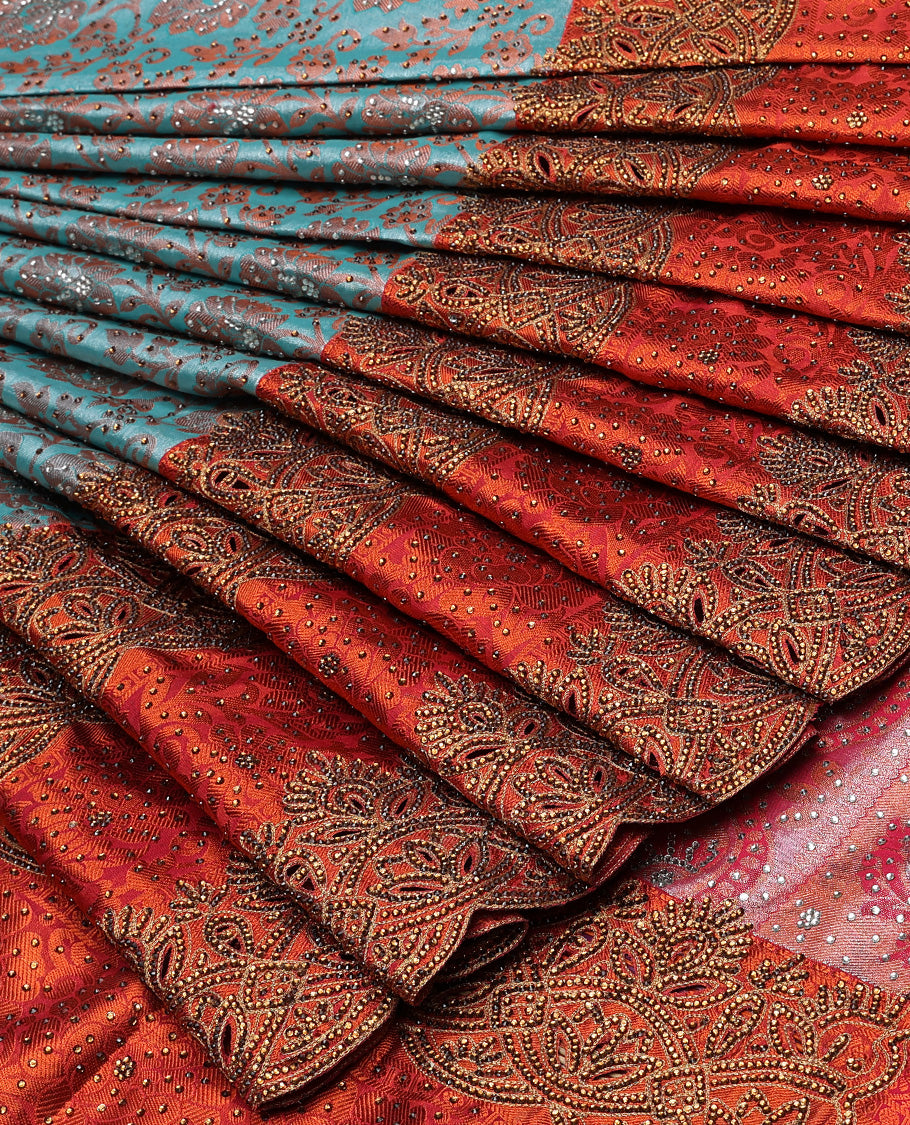 TheShoppothys Green floral jacquard & stone embroidery silksaree,contrast zari & stonework scallop border & intricate pallu - view 2