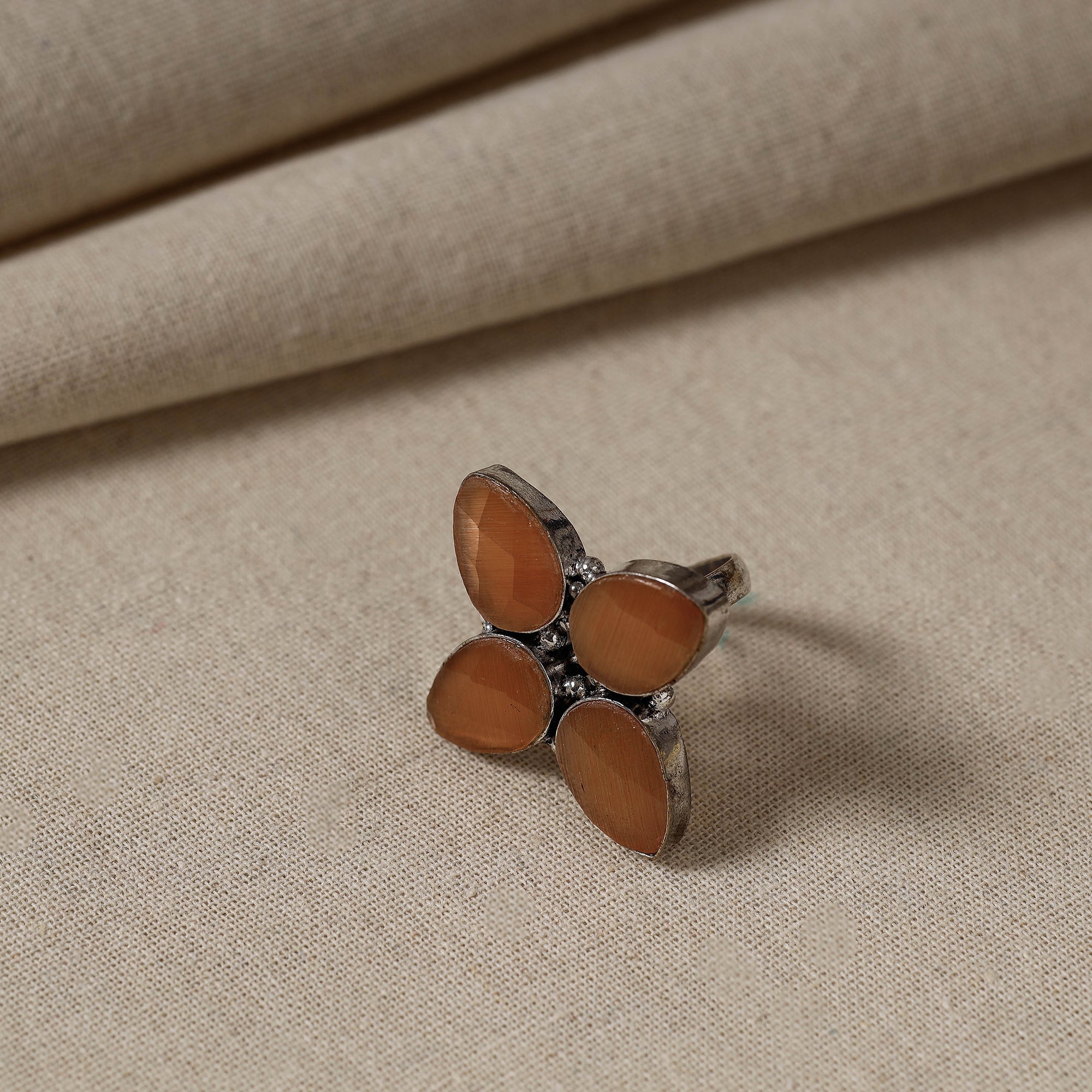 WHITE RIVER STORIES Antique Silver Finish Oxidised Brass Base Stone Work Ring (Adjustable)