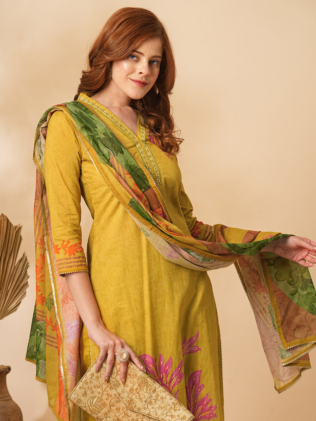 Fashor Floral Abstract Printed & Embroidered Straight Kurta with Pant & Dupatta - Mustard - view 2