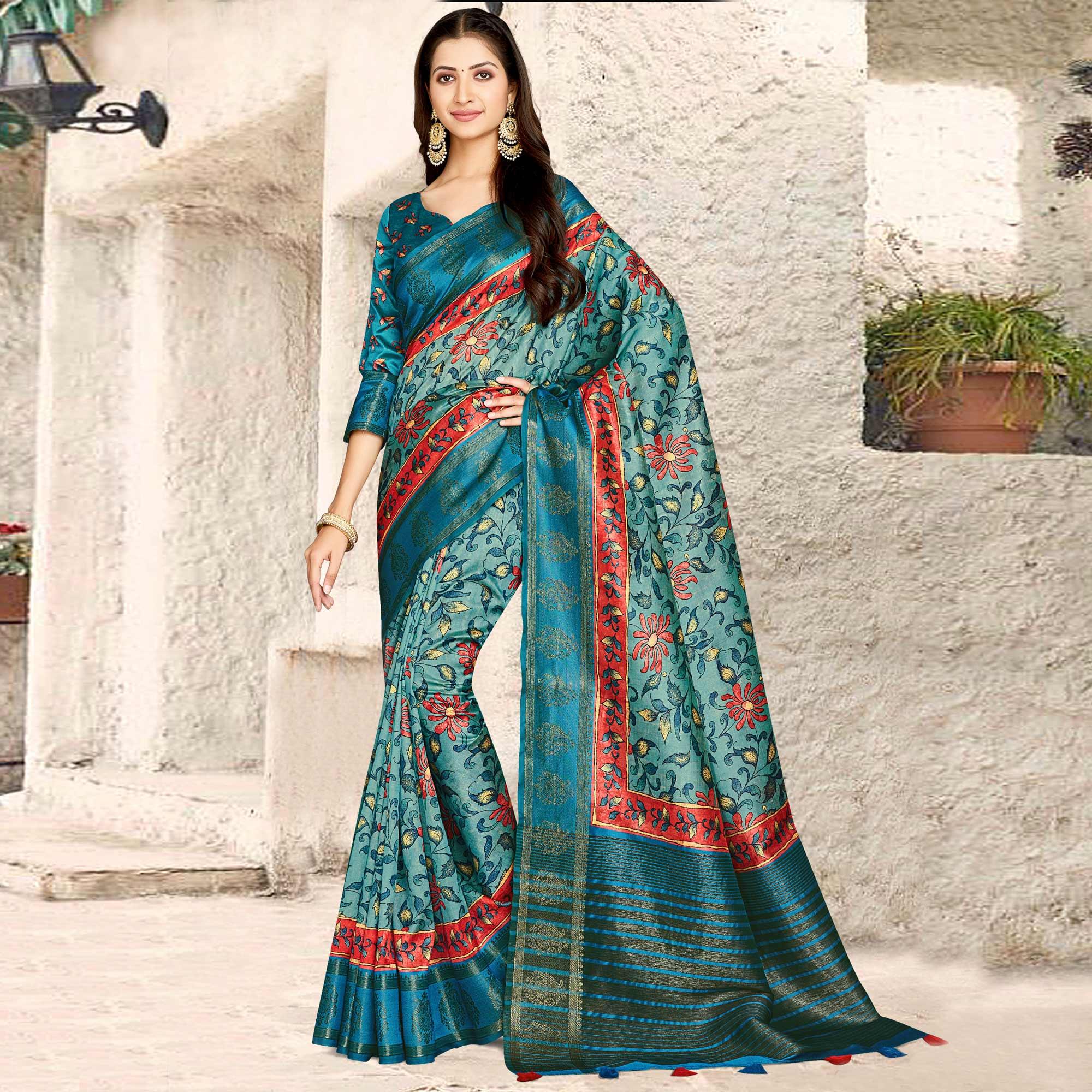 Peachmode Light Blue Digital Printed Tussar Silk Saree With Tassels