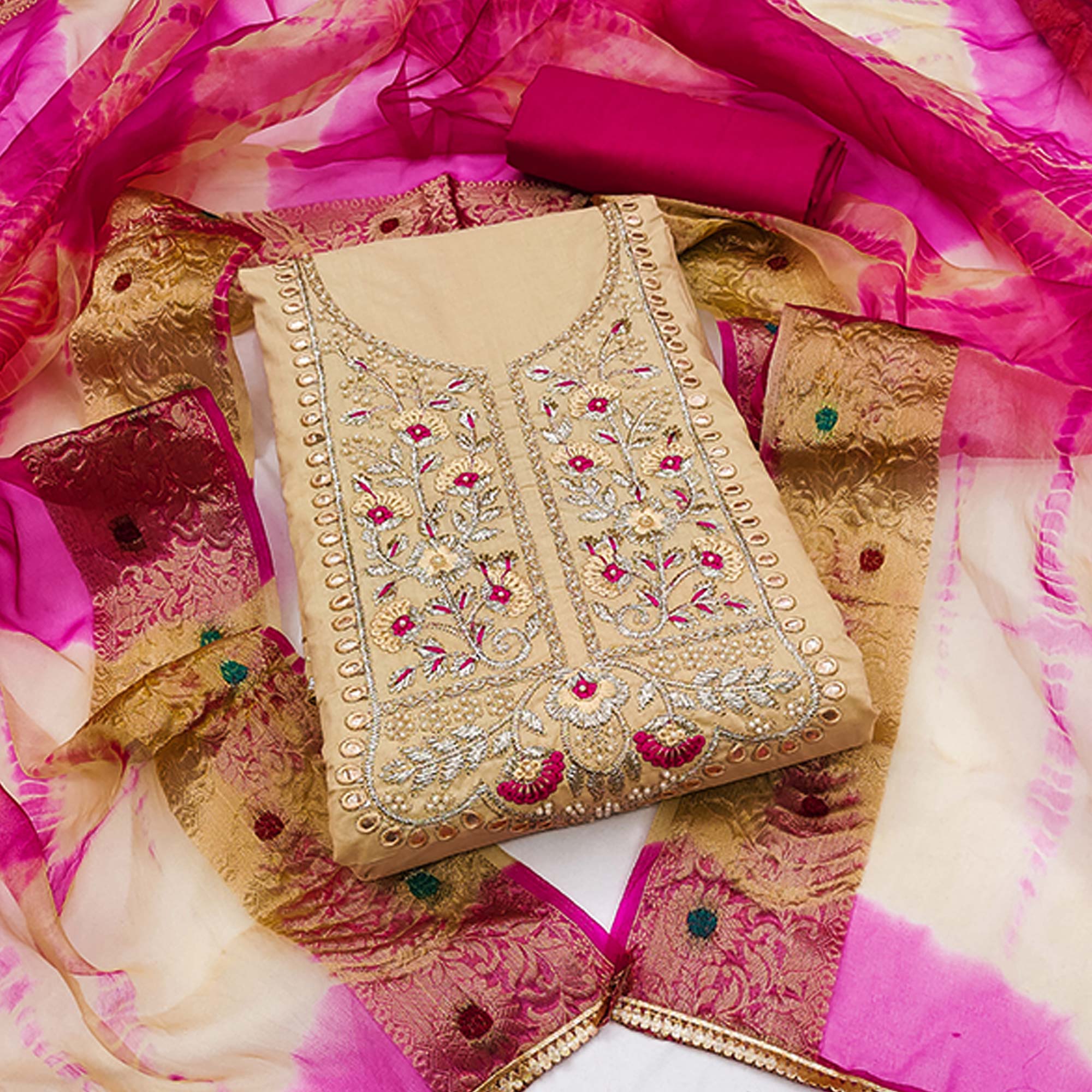 Peachmode Chikoo Floral Embroidered Pure Cotton Dress Material