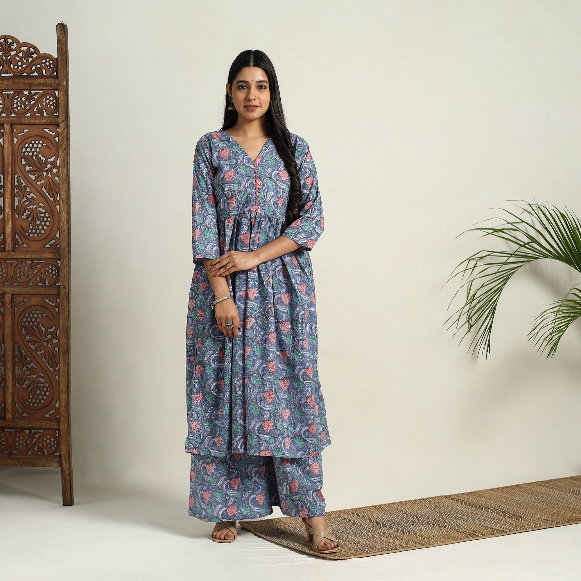 ITOKRI CASUALS Blue - Block Print Cotton Flared Sanganeri Kurta Set 08 - view 2